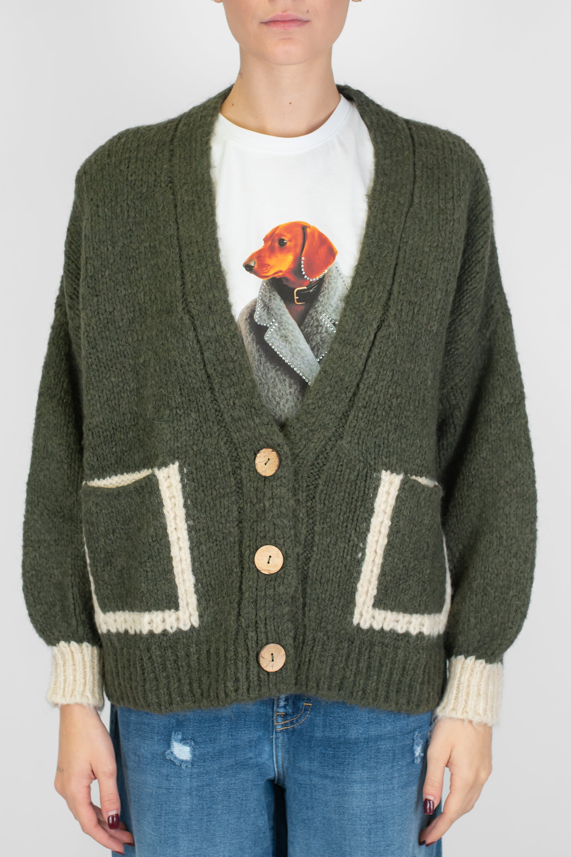 Haveone - Cardigan over in misto lana con profilo tasca e polsini a contrasto