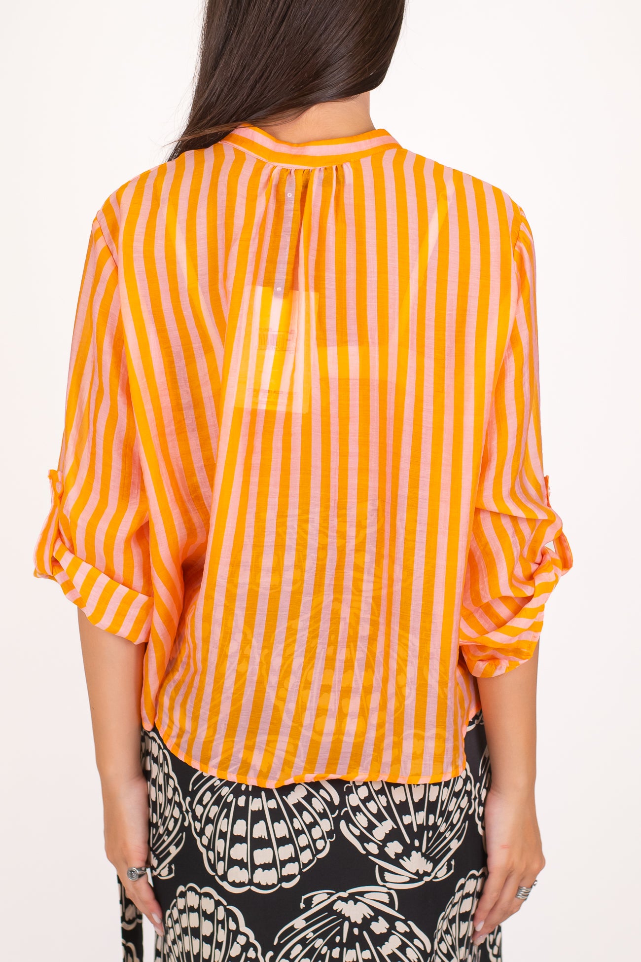 Haveone - Camicia a righe strette in lyocell con collo coreano e pinces sul retro