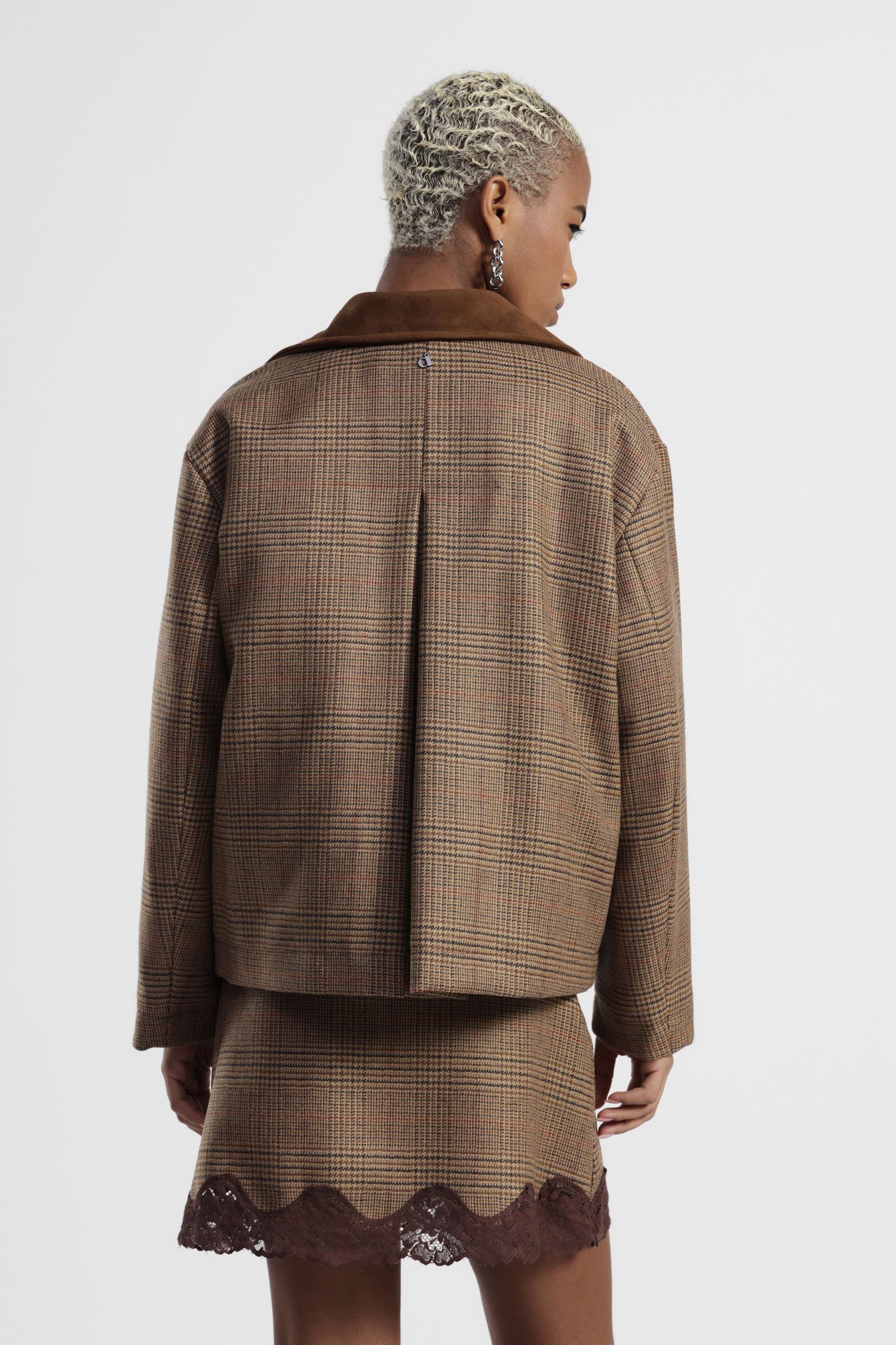 Dixie - Giubbino crop fantasia principe di galles in lana con colletto a contrasto