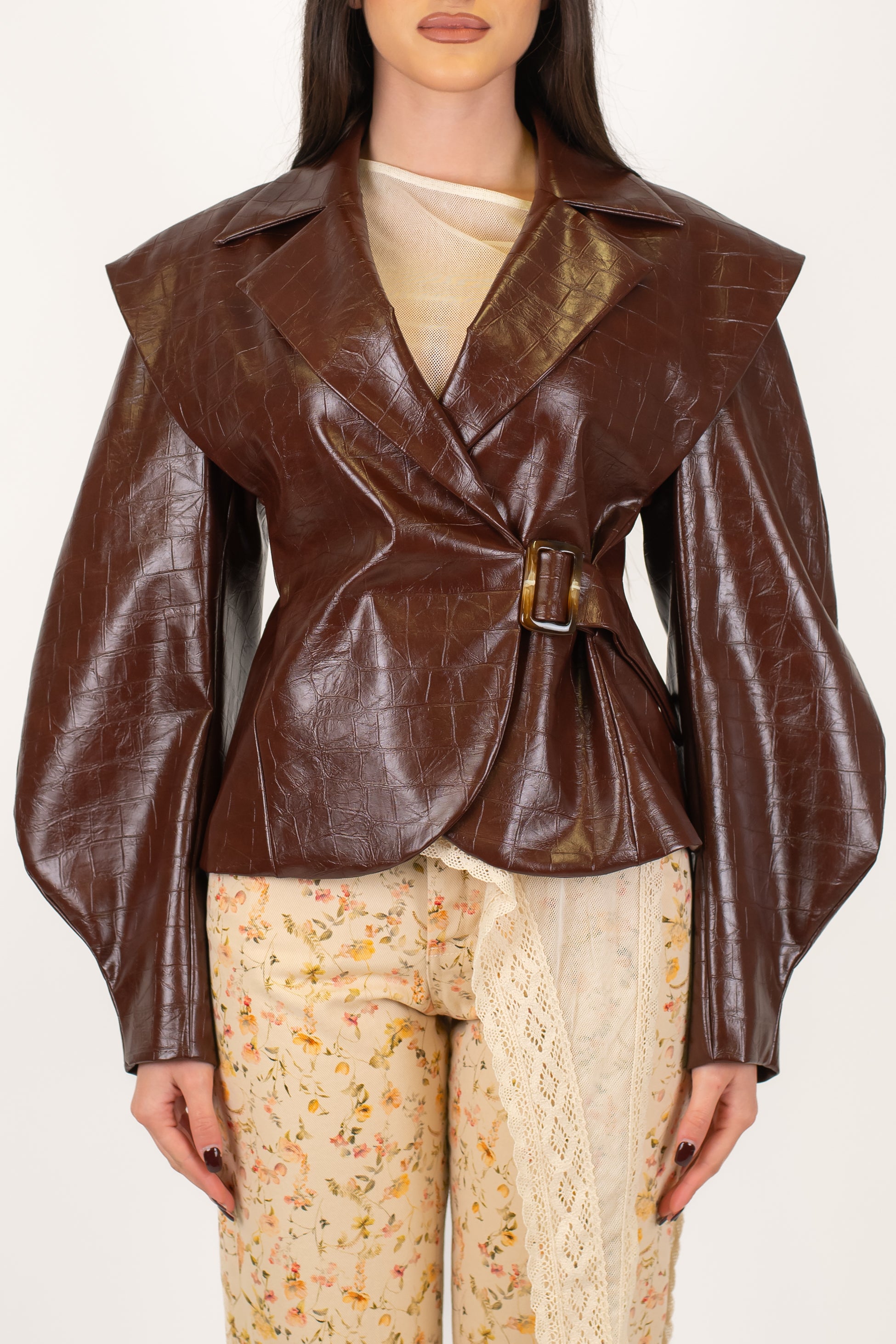 Dixie - Giacca in ecopelle con spalline e chiusura asimmetrica con cintura