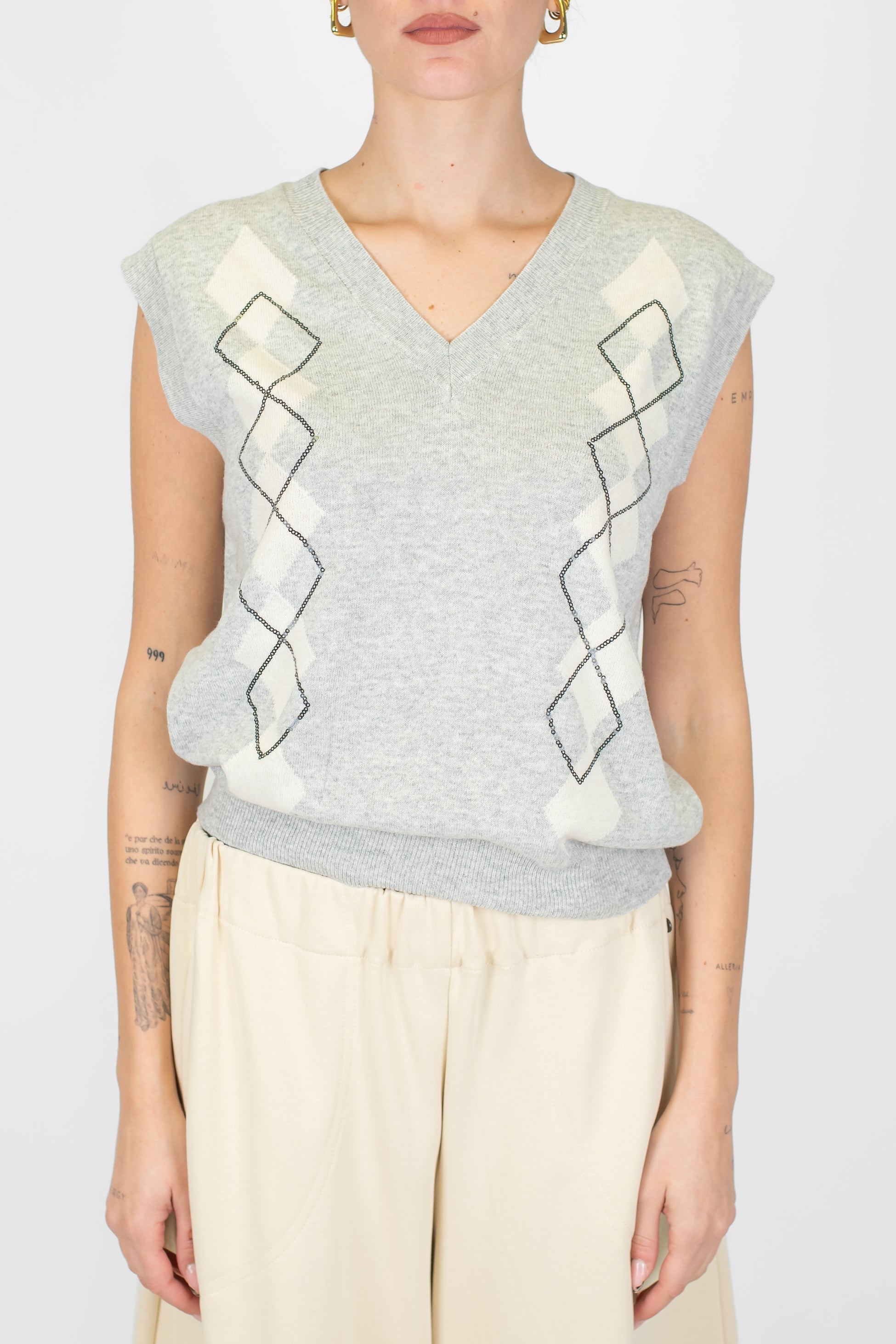 Motel - Gilet scollo a V fantasia rombi laterali in misto lana e cashmere