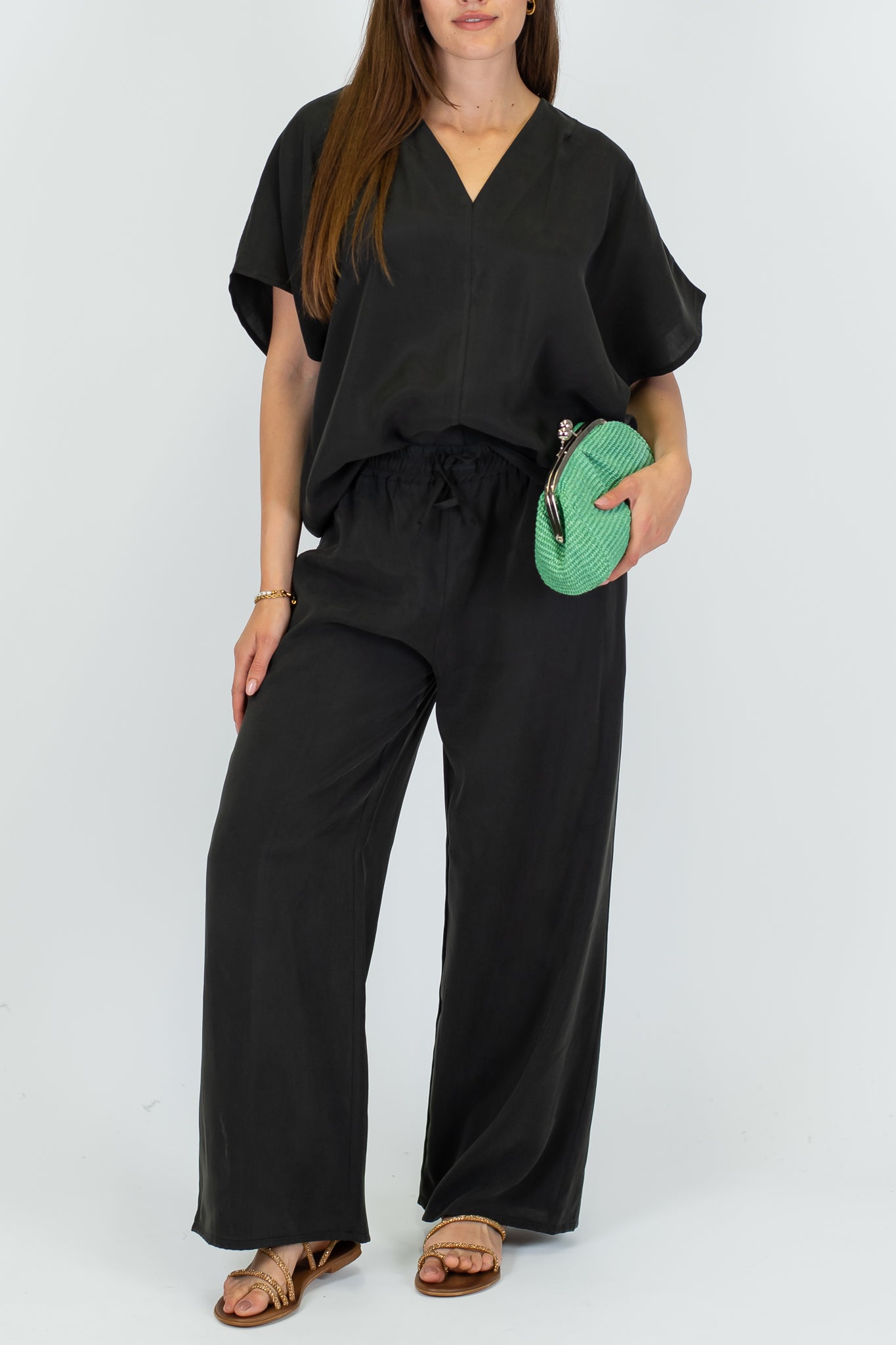 Haveone - Coordinato blusa scollo V e pantalone palazzo in cupro