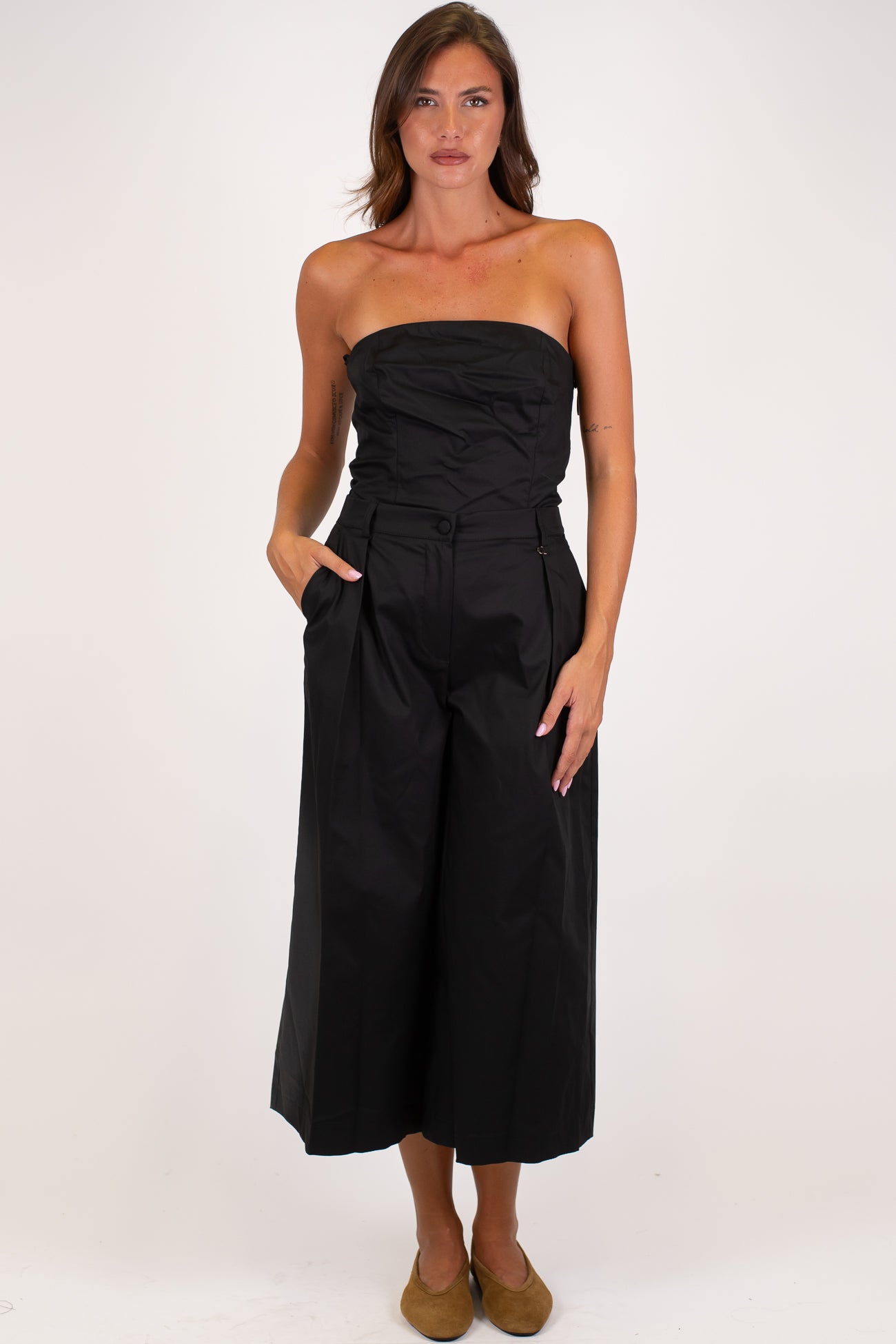Dixie - Coordinato in cotone tela paracadute con top a fascia e pantalone crop