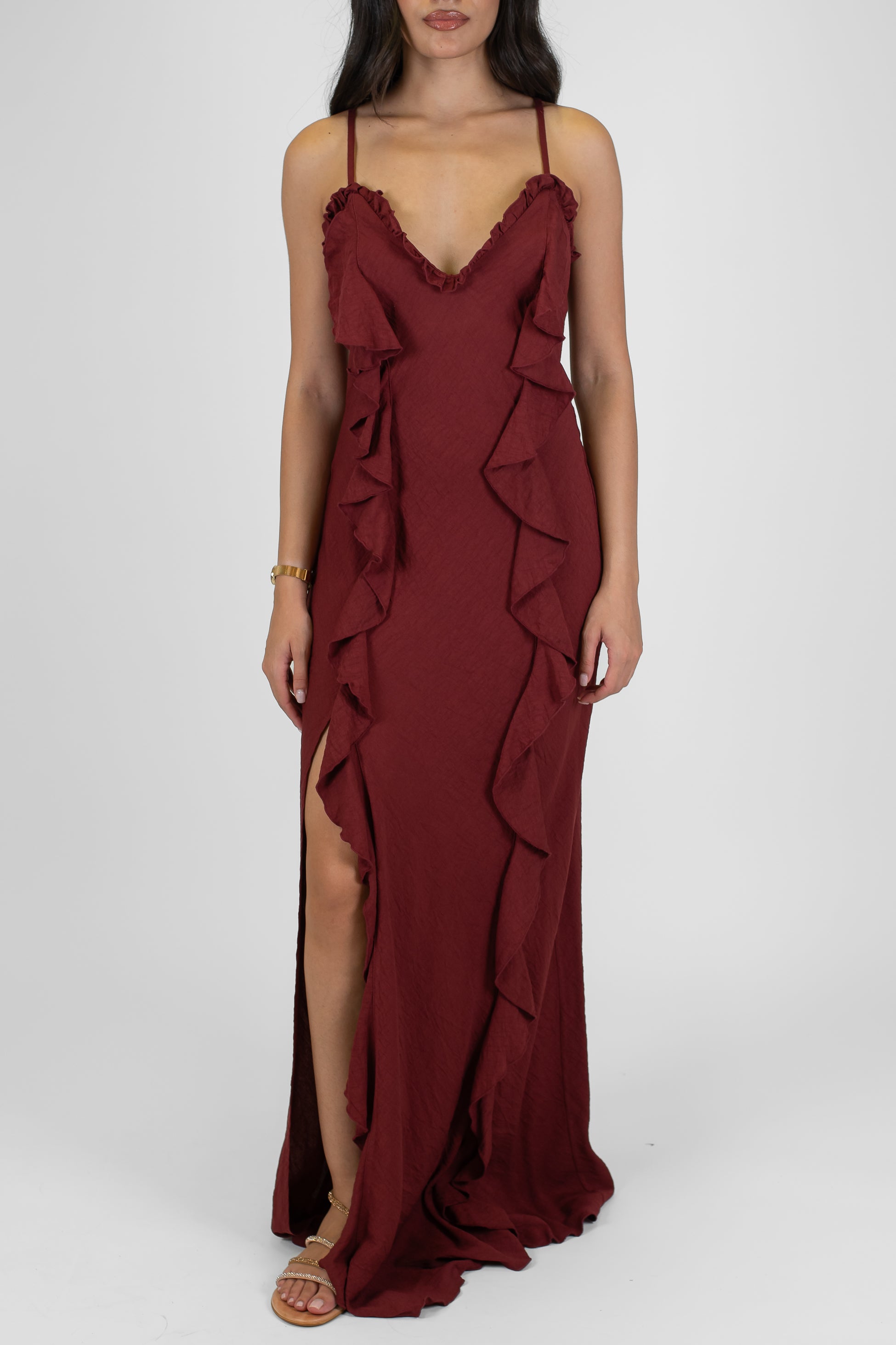 Tensione in - Abito lungo scollo a cuore e rouches in viscosa con spacco laterale