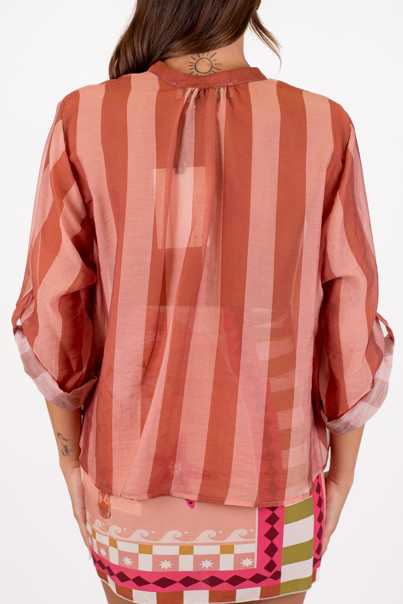 Haveone - Camicia fantasia a righe a contrasto in lyocell con manica tre quarti