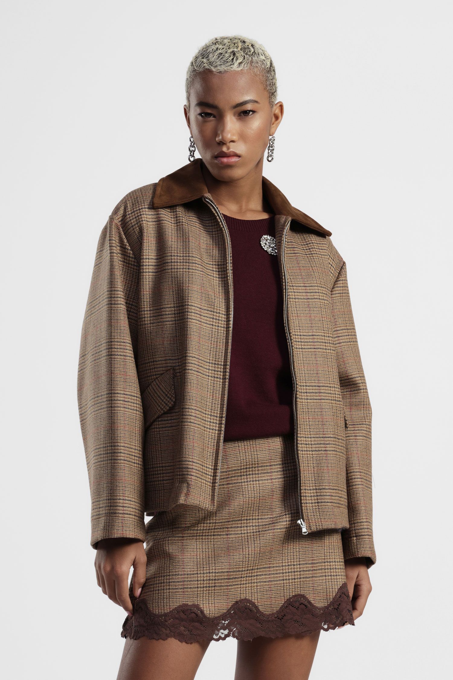 Dixie - Giubbino crop fantasia principe di galles in lana con colletto a contrasto