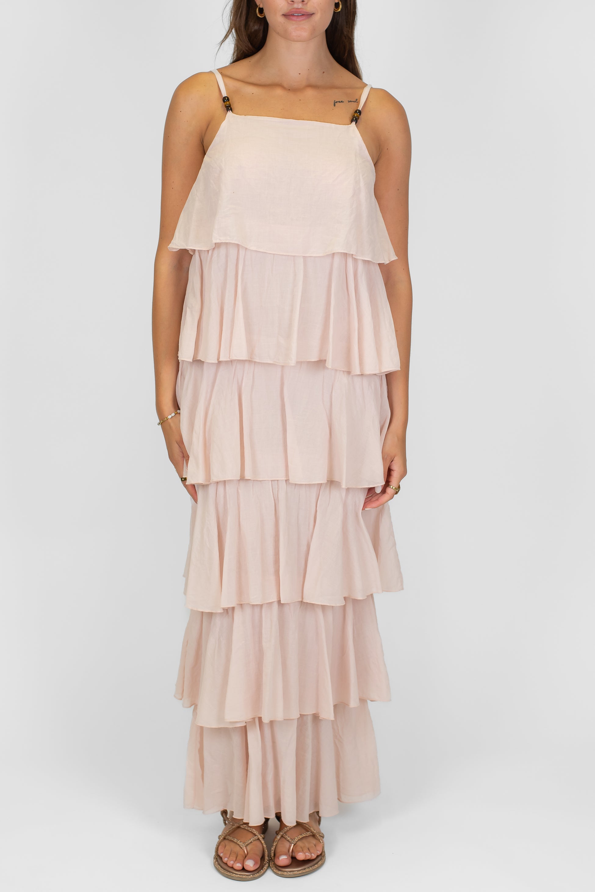 Motel - Abito lungo in mussola di cotone con bretelline e balze