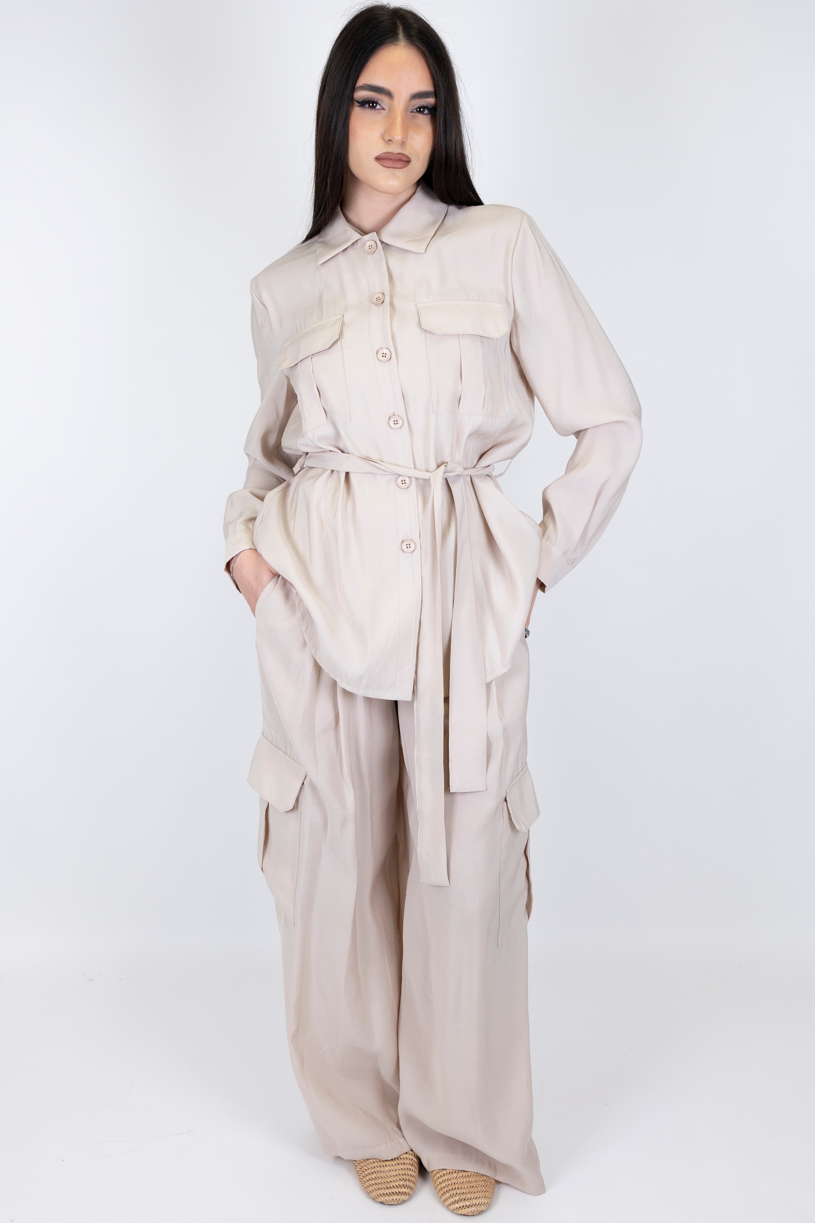 Motel - Coordinato in modal camicia con taschini e pantalone cargo palazzo con elastico in vita