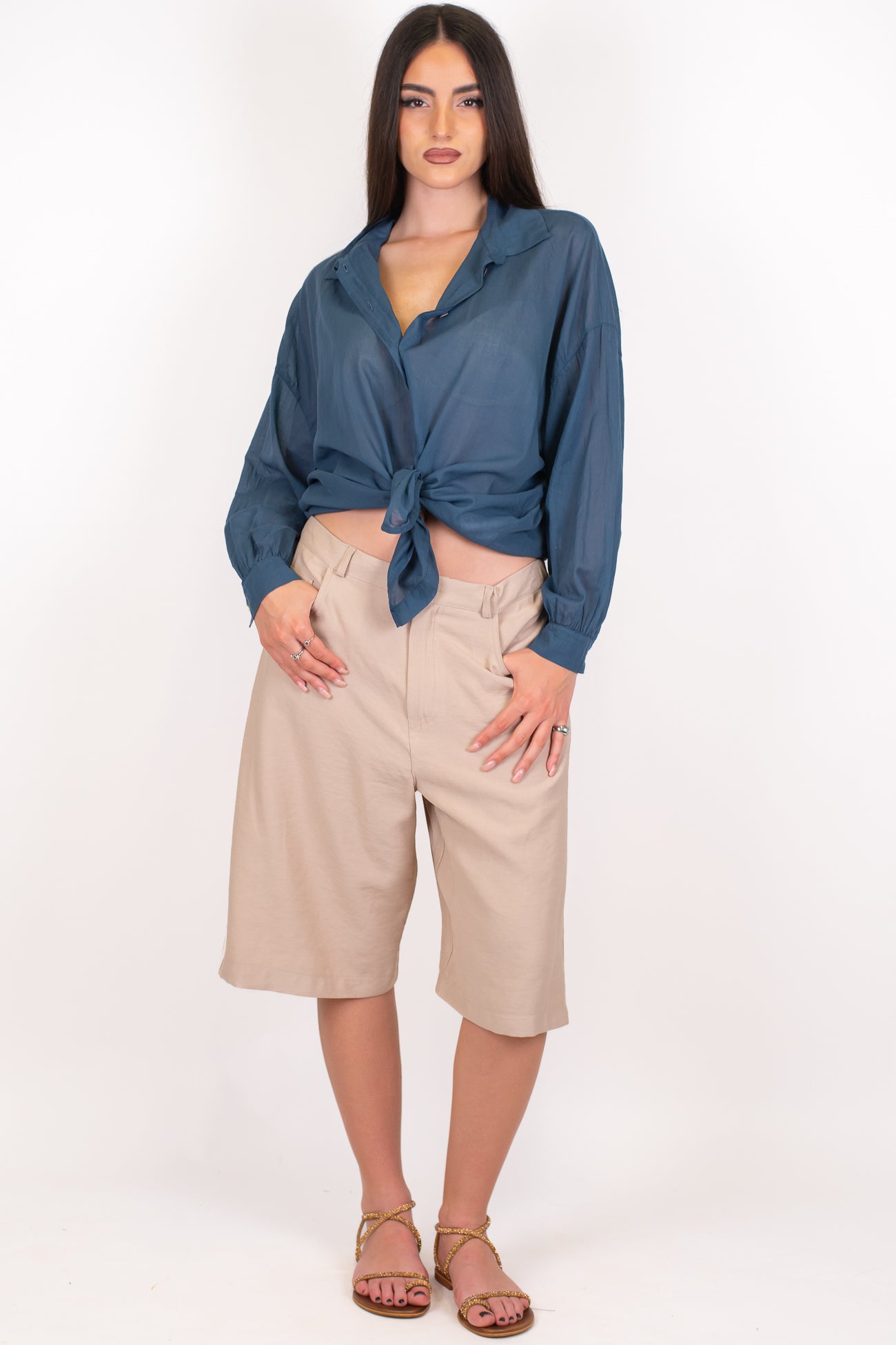 Maryley - Bermuda in viscosa leggera con coulisse e bande laterali a contrasto