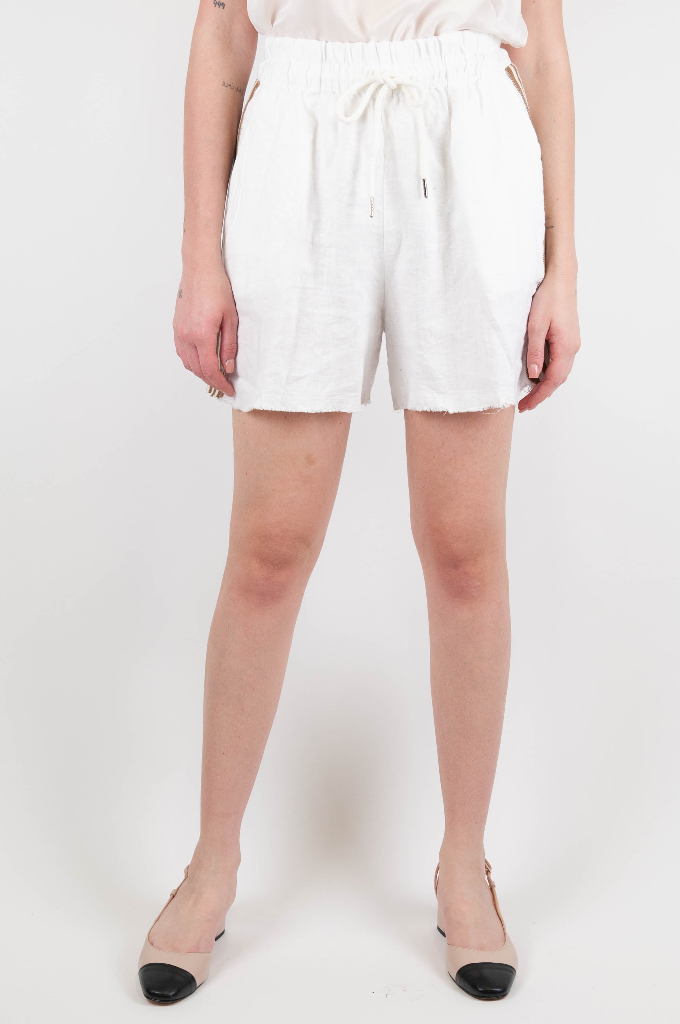 Motel - Linen shorts with drawstring and contrasting side band