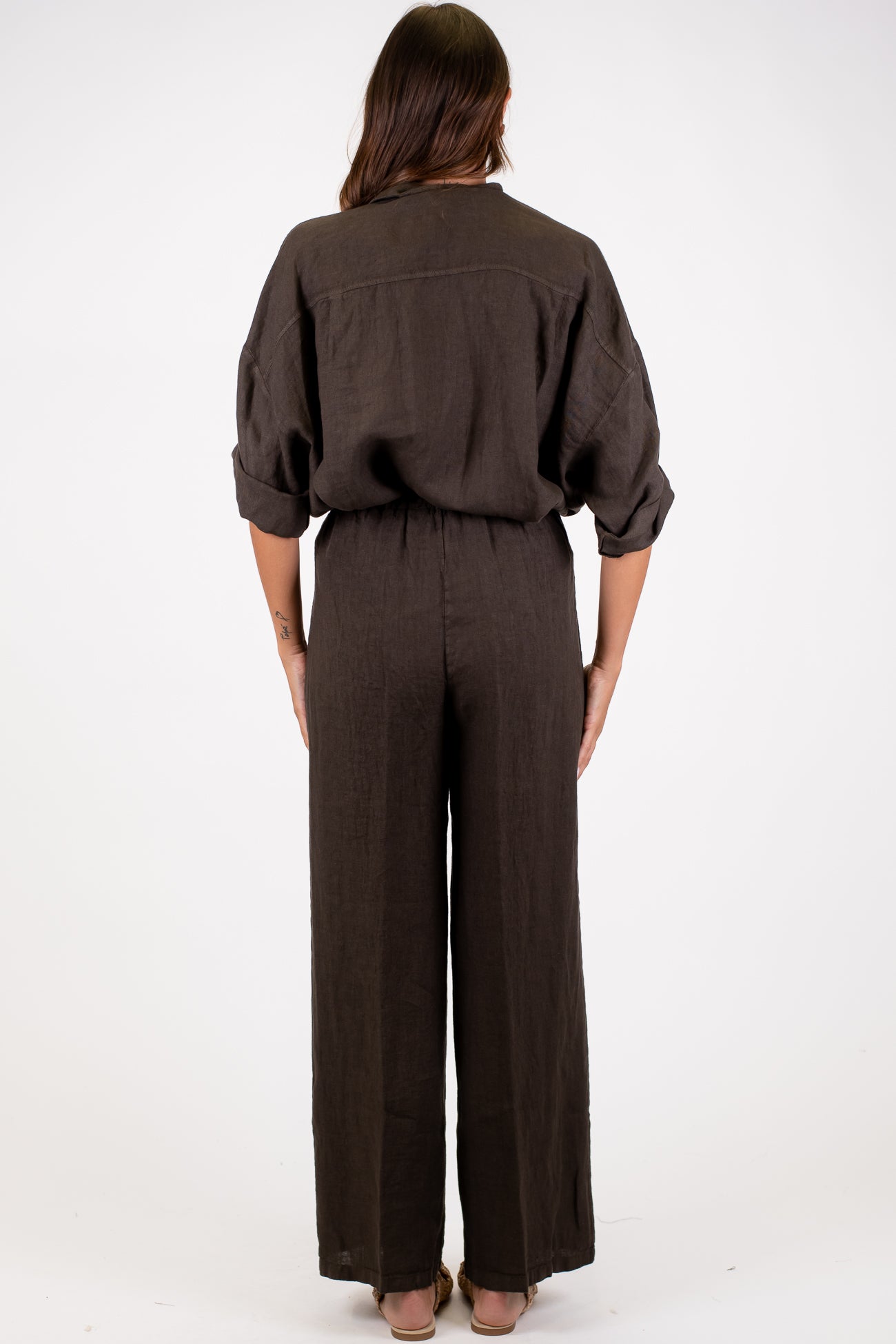 Dixie - Coordinato in puro lino camicia con taschino e pantalone palazzo con coulisse