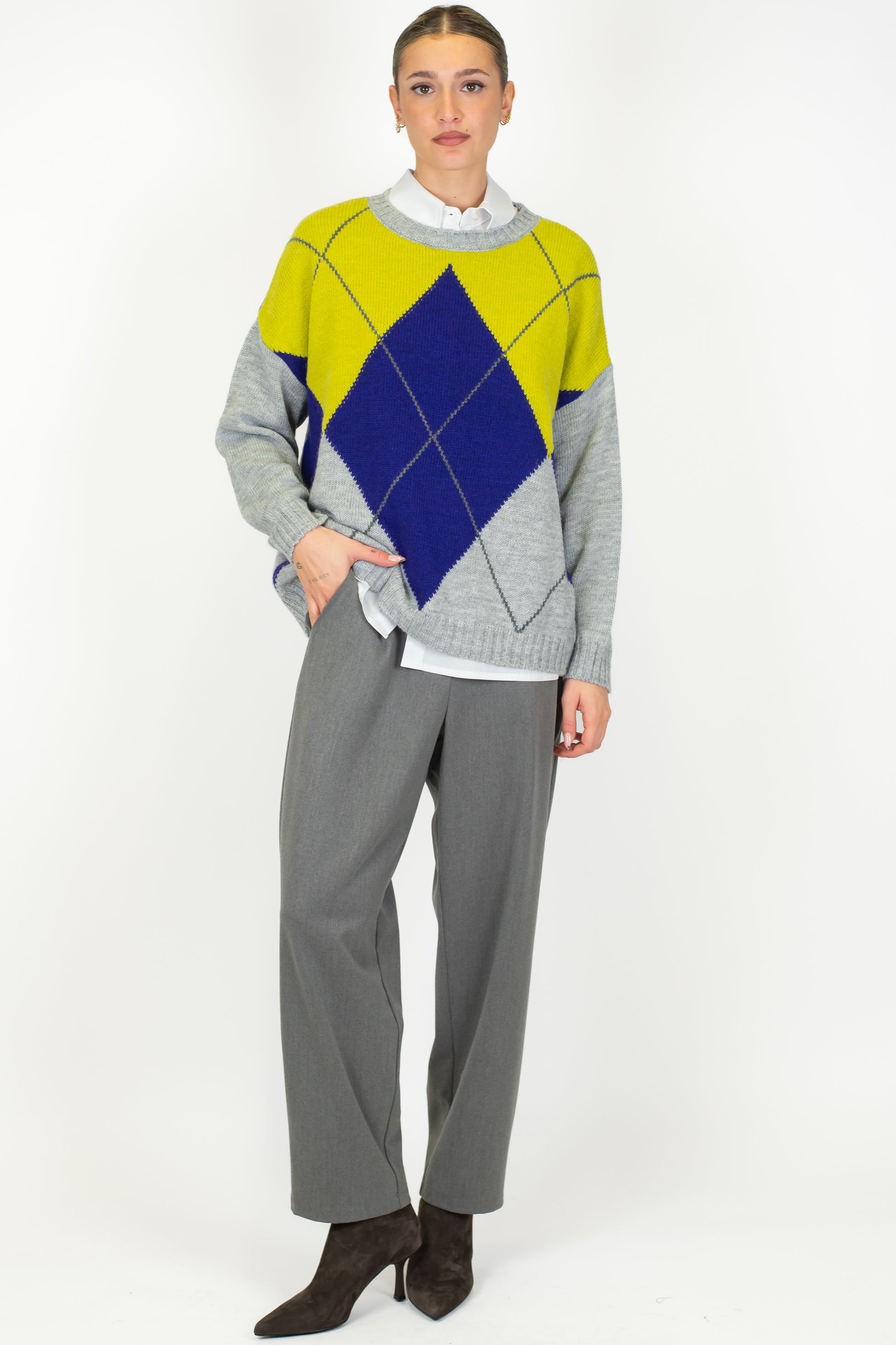 Haveone - Maglia girocollo in misto lana fantasia rombi