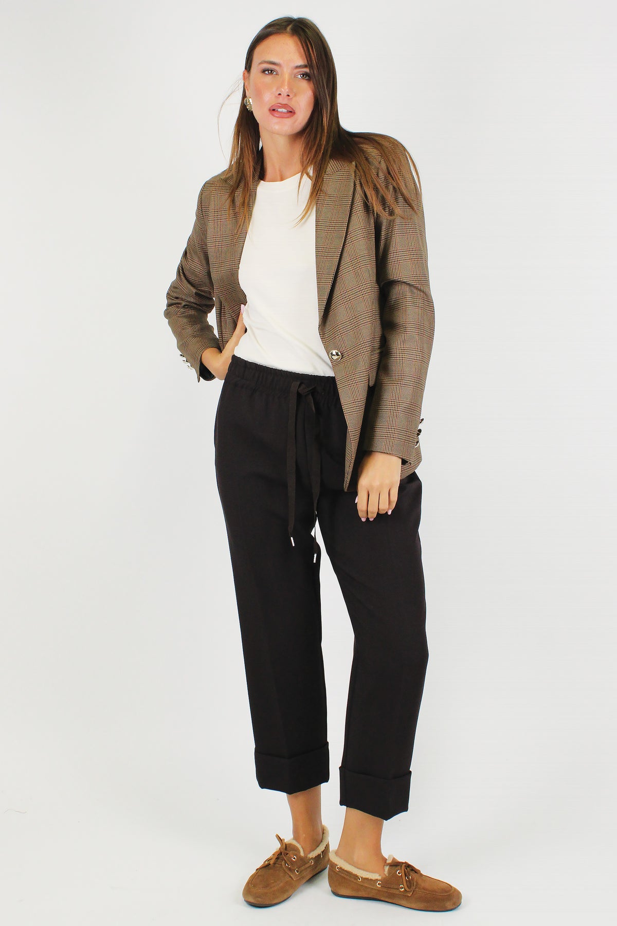 Maryley - Pantalone slim con coulisse e risvolto
