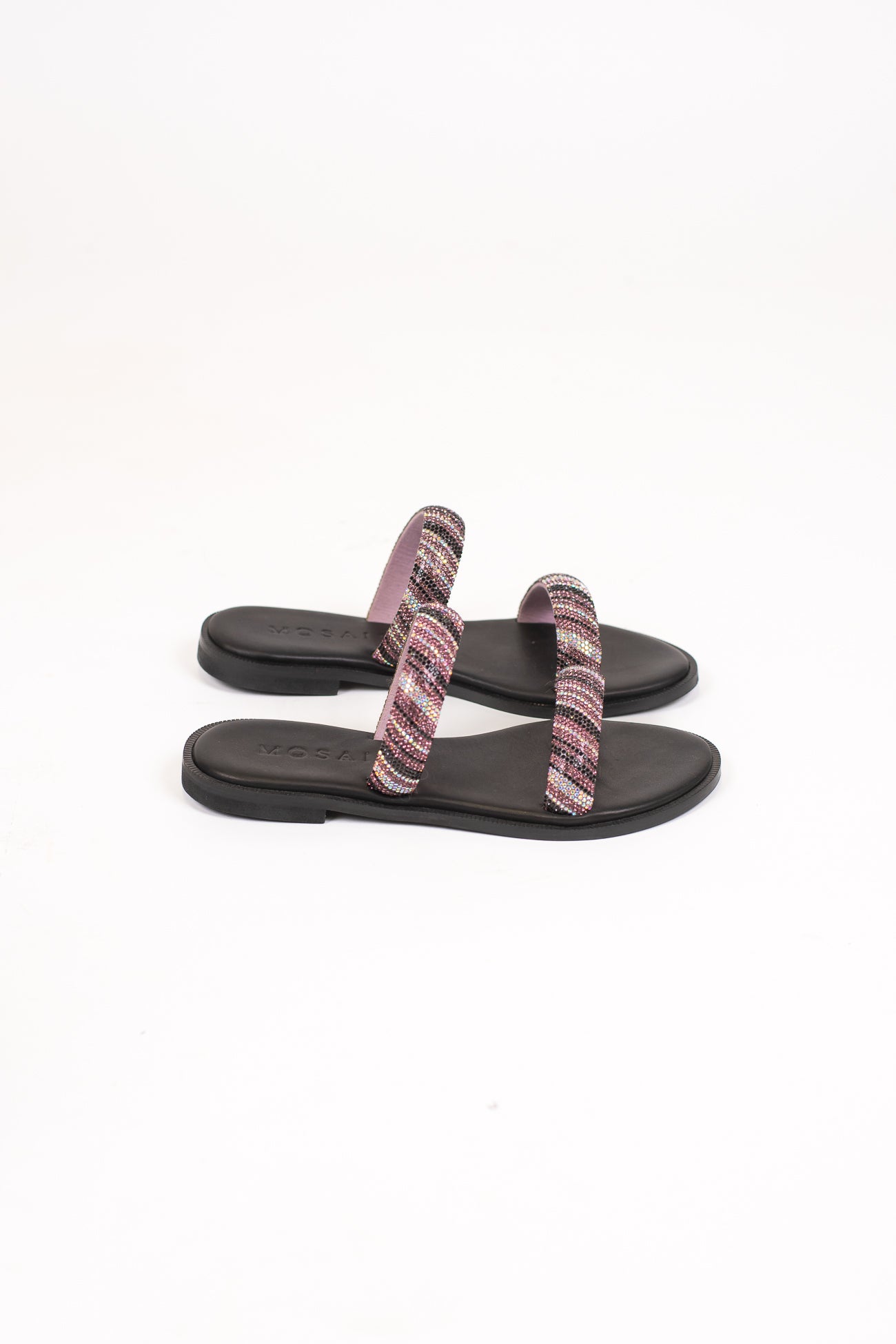 Mosaic - Sandal doppia fascia strass e sottopiede in pelle nero