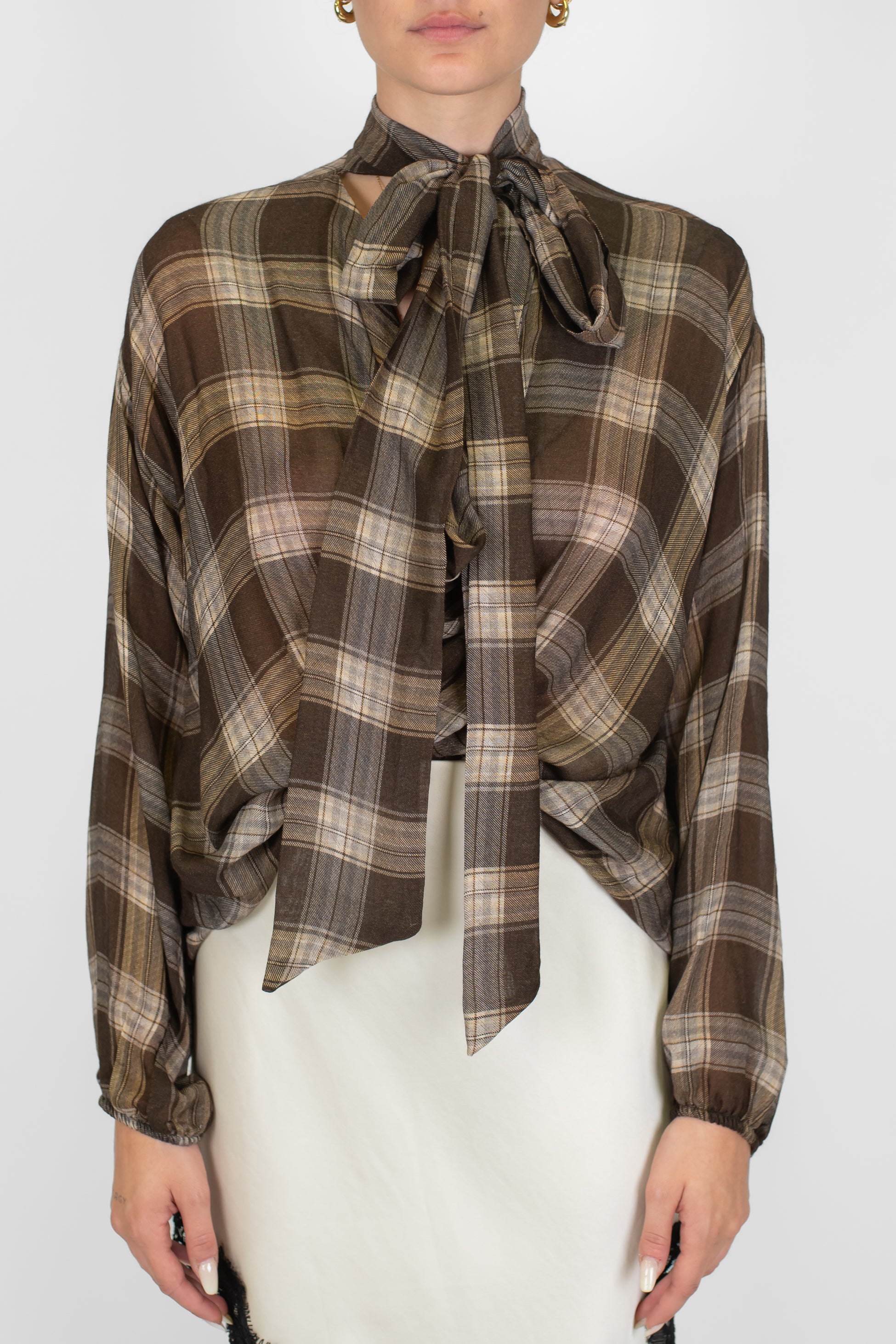 Haveone - Camicia fantasia quadri con fiocco al collo