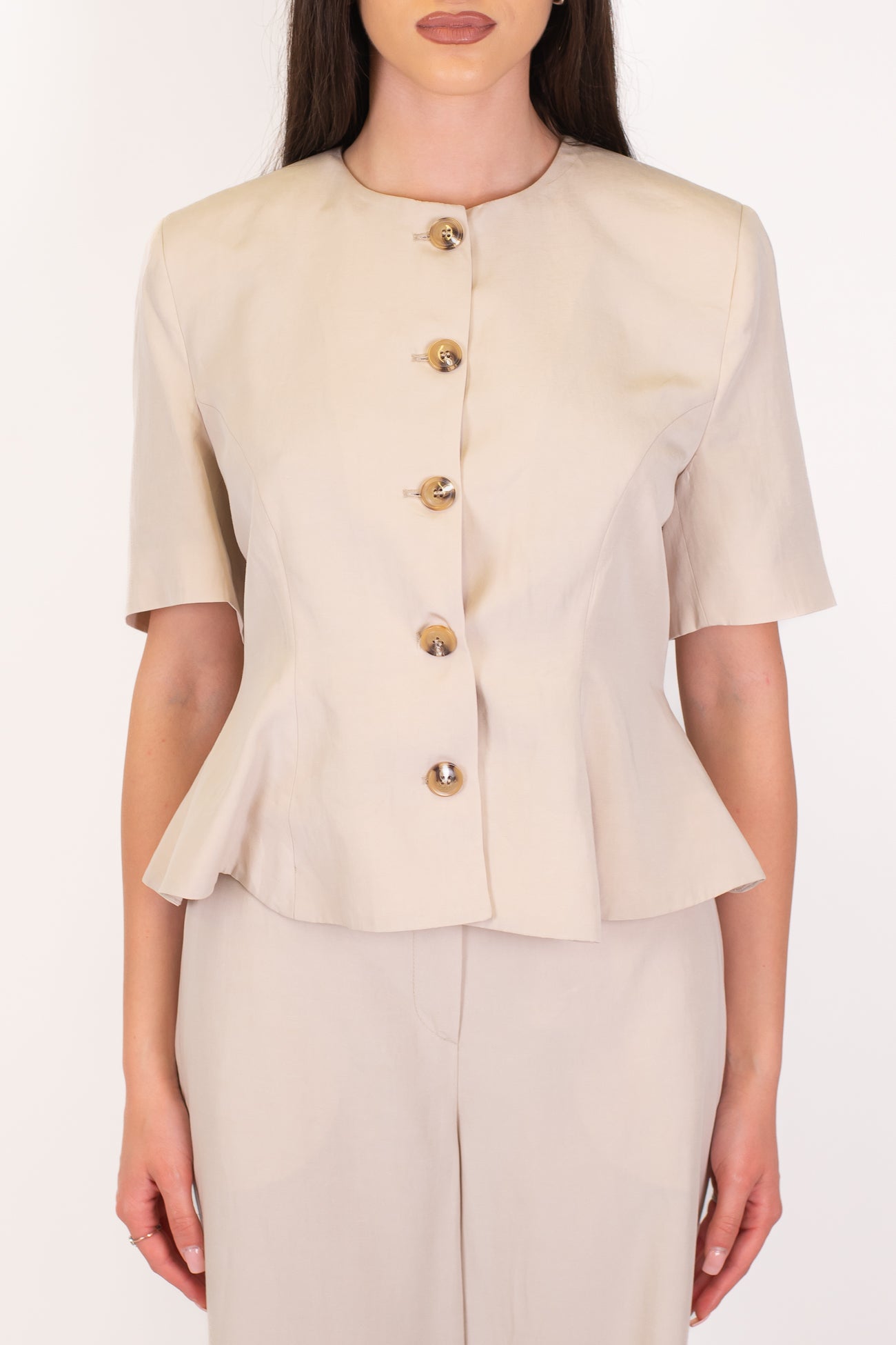 Motel - Coordinato in tencel con giacca girocollo mezzamanica e pantalone palazzo con elastico sul retro