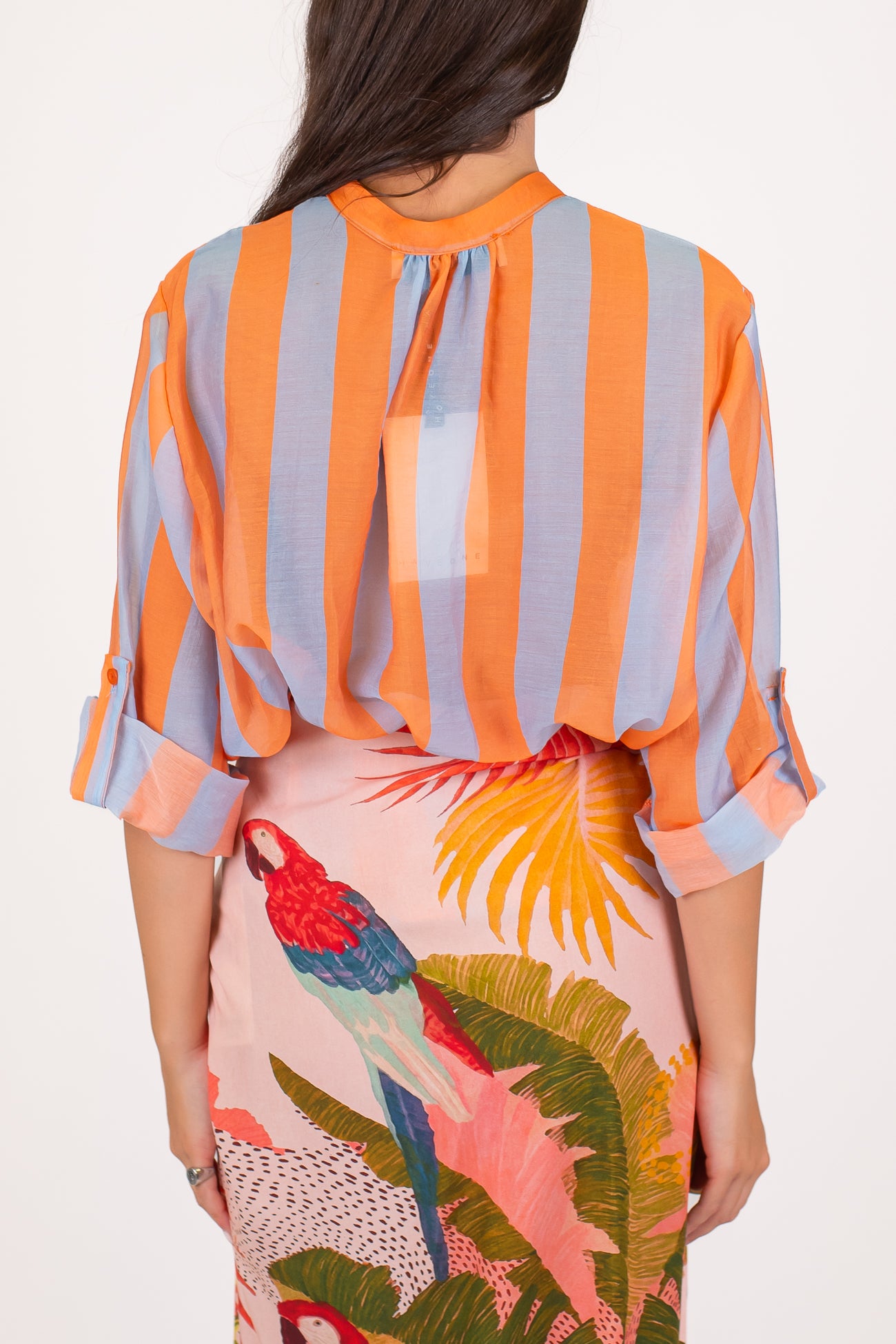 Haveone - Camicia fantasia a righe a contrasto in lyocell con manica tre quarti