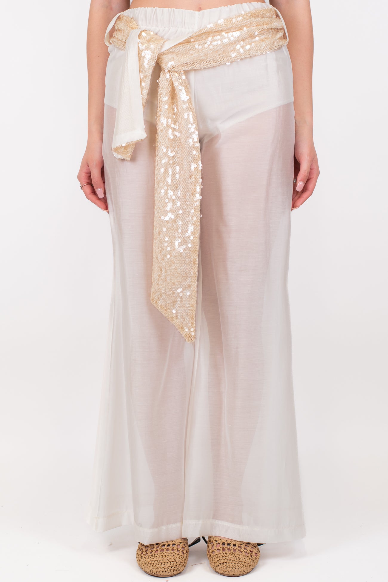Haveone - Pantalone palazzo in lyocell con elastico in vita, coulotte e fusciacca paillettes