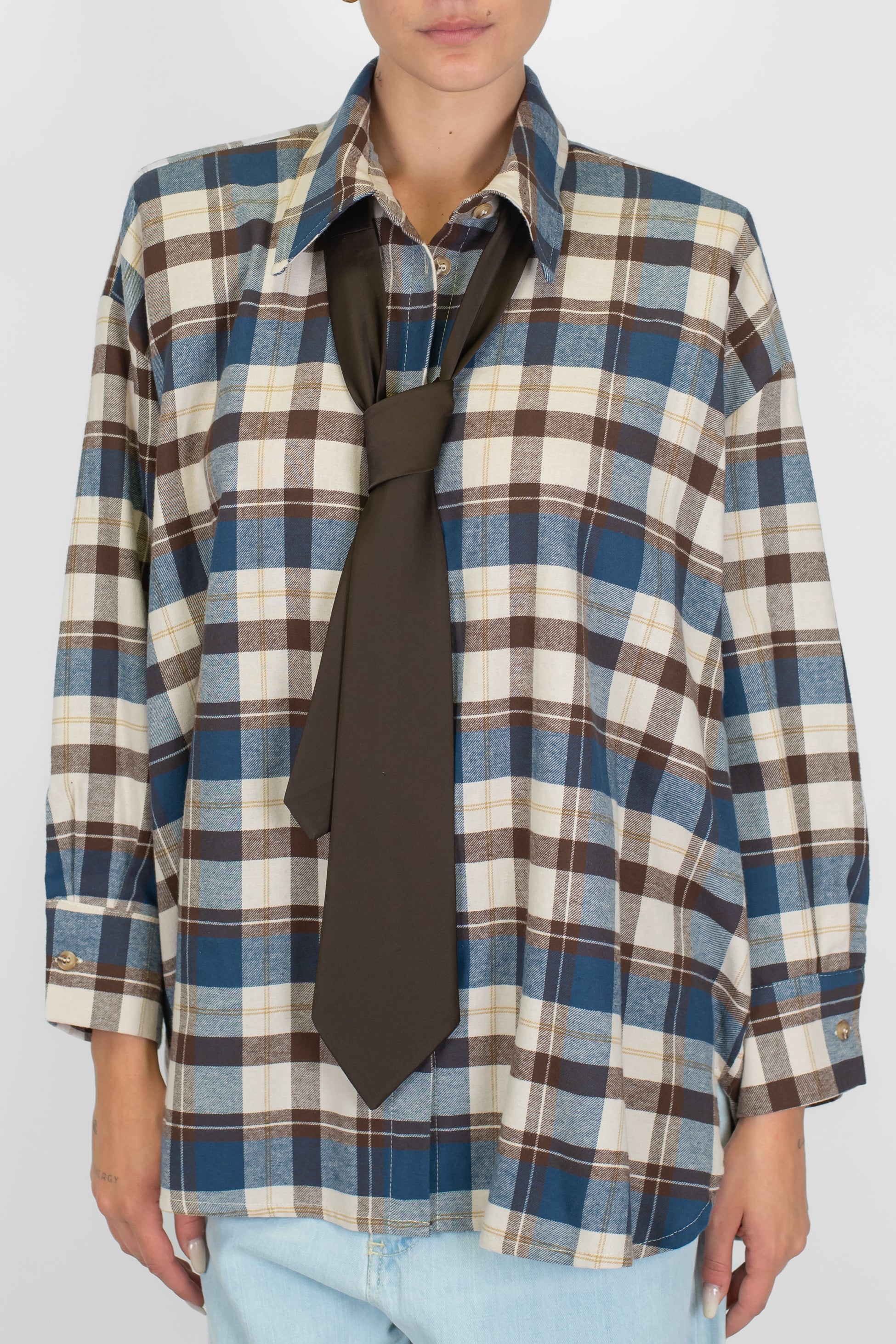 Motel - Camicia fantasia quadri con cravatta al collo