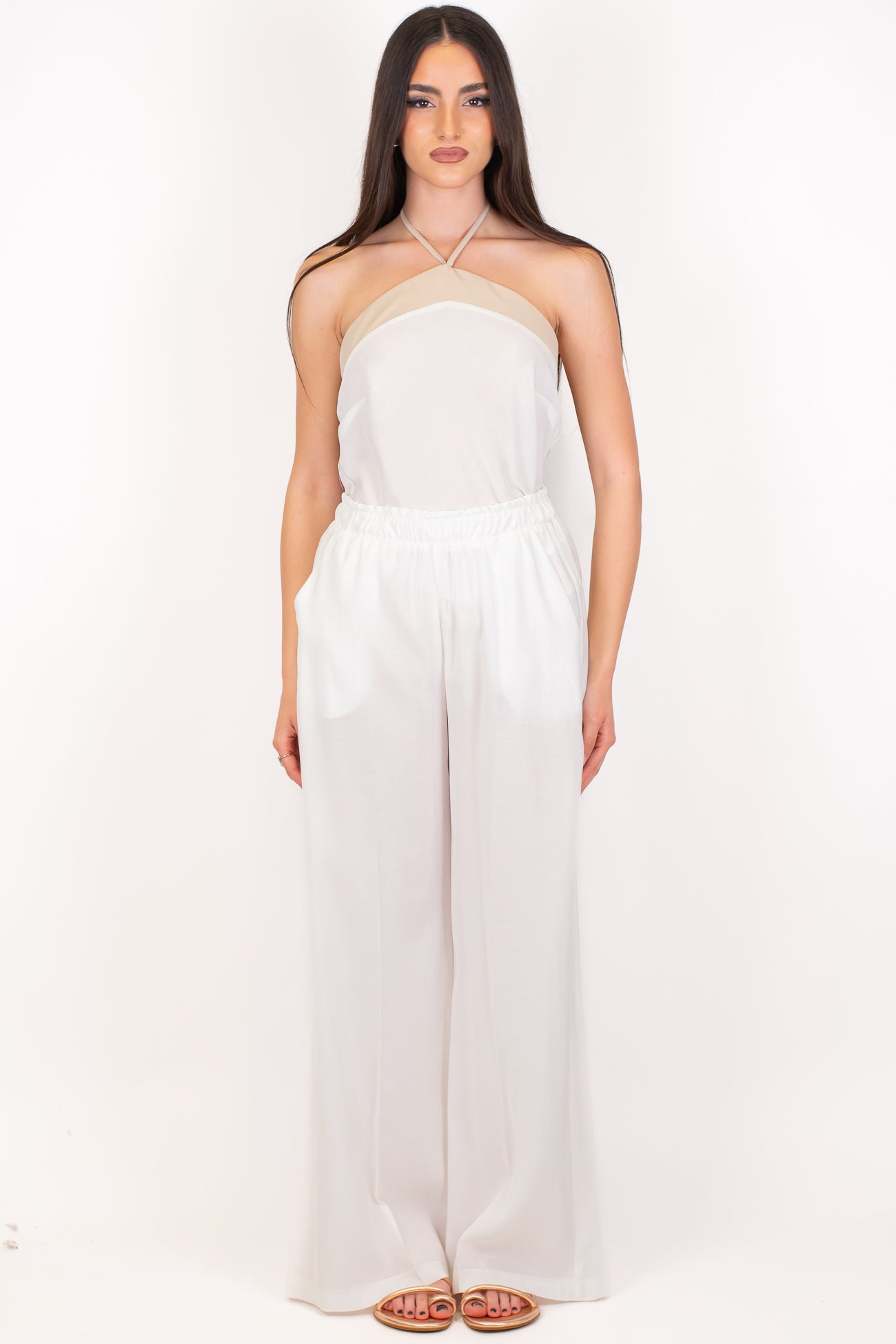 Maryley - Coordinato top scollo americano con profilo a contrasto e pantalone palazzo con elastico in vita