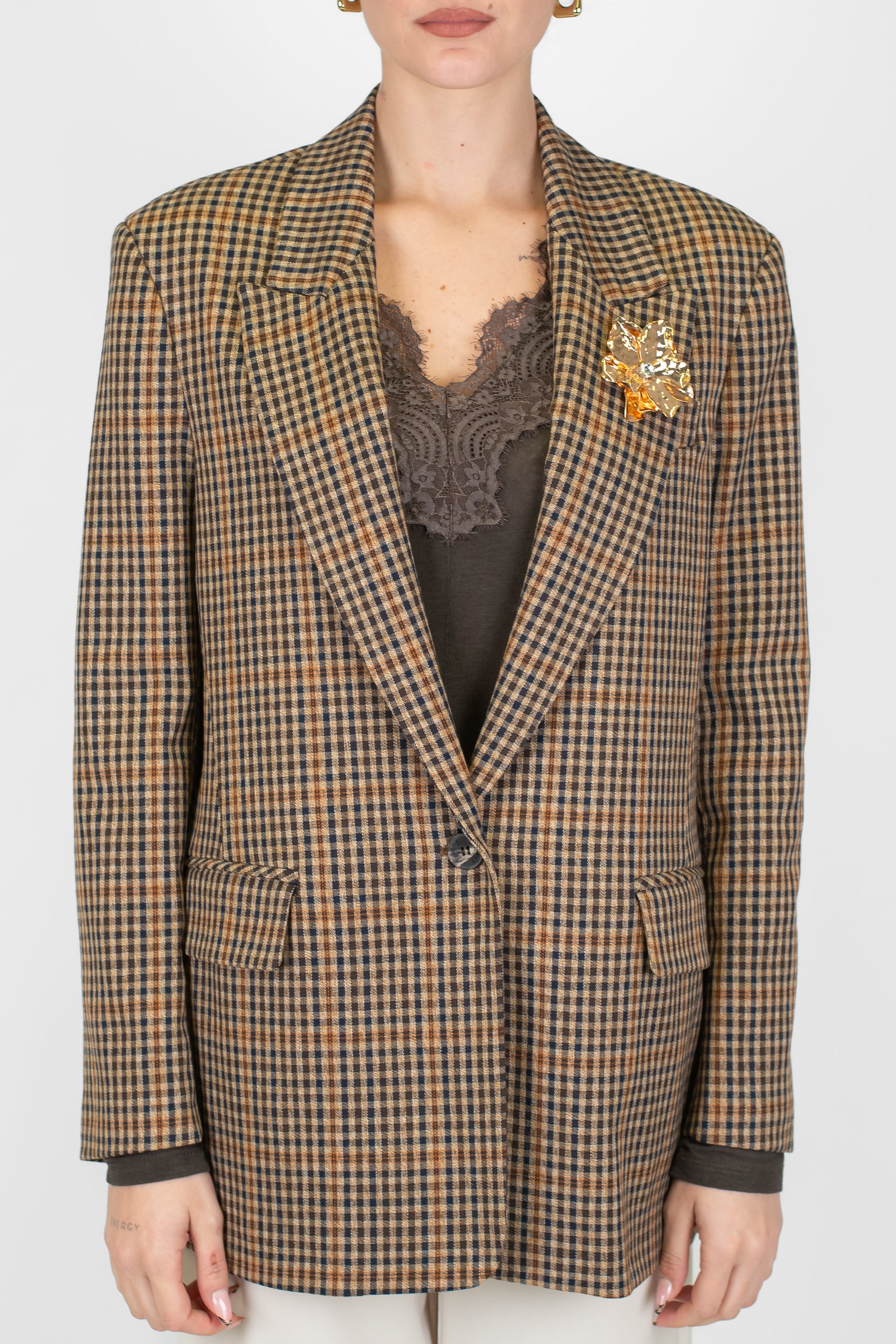 Haveone - Giacca microfantasia check con spalline e spilla gioiello