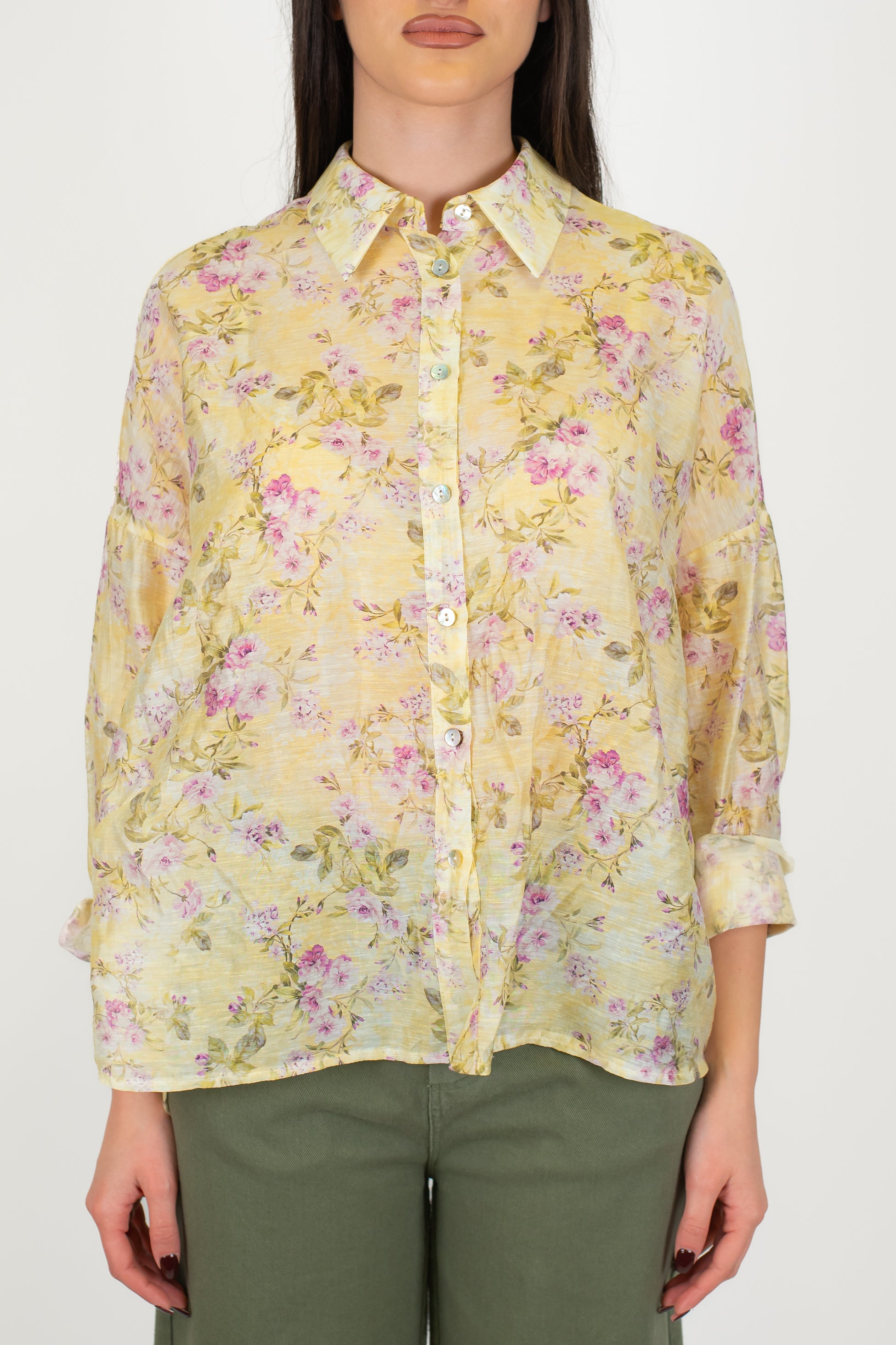 Motel - Camicia fantasia floreale in misto lino e lyocell