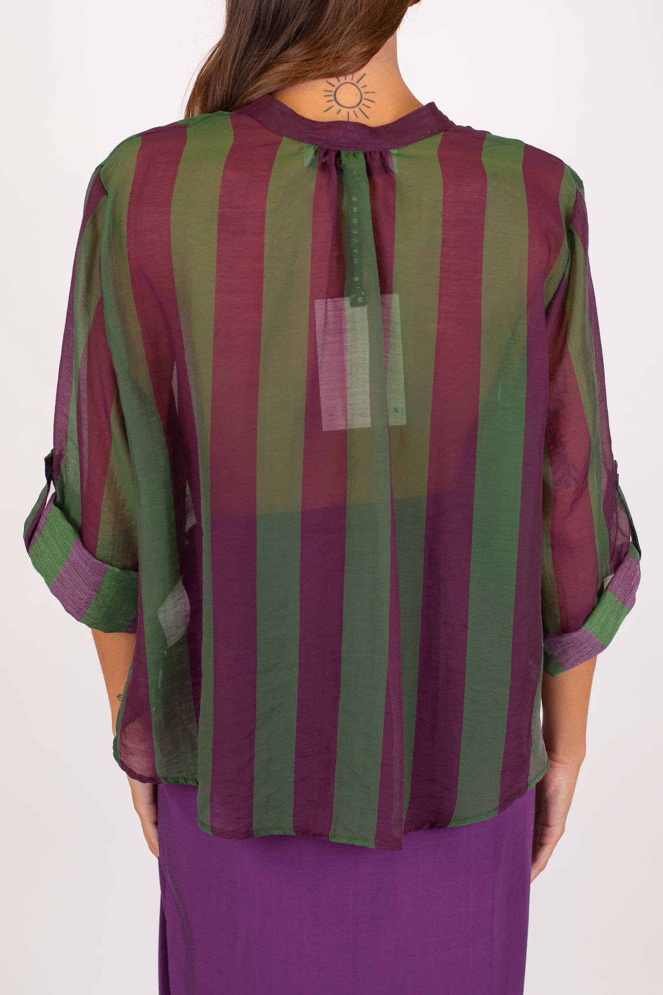 Haveone - Camicia fantasia a righe a contrasto in lyocell con manica tre quarti