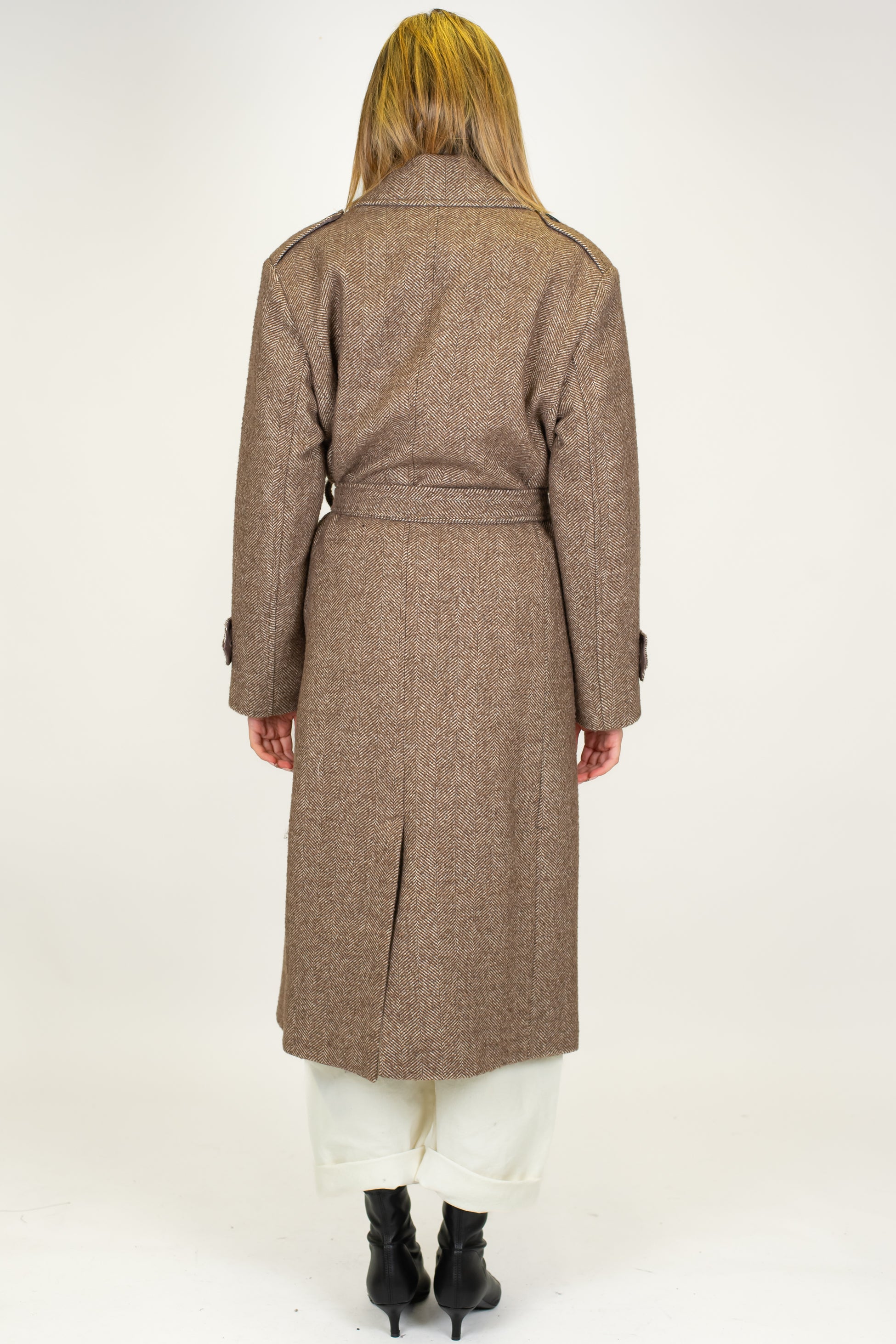 Tensione in - Cappotto lungo doppipetto fantasia spinata in misto lana con cintura in tessuto