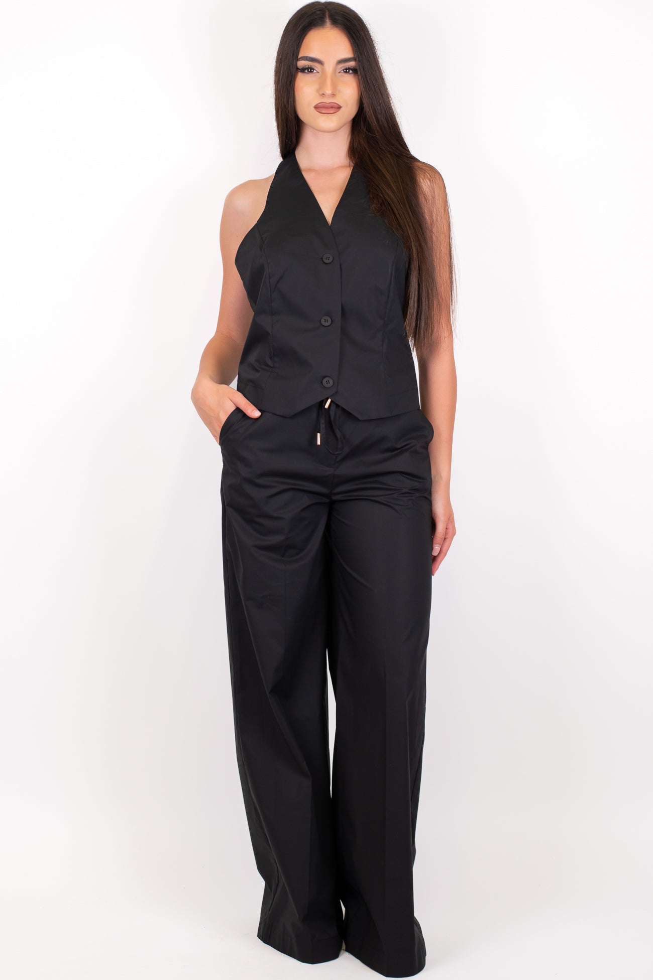 Dixie - Coordinato in cotone tela paracadute con top scollo americano e pantalone palazzo con elastico sul retro