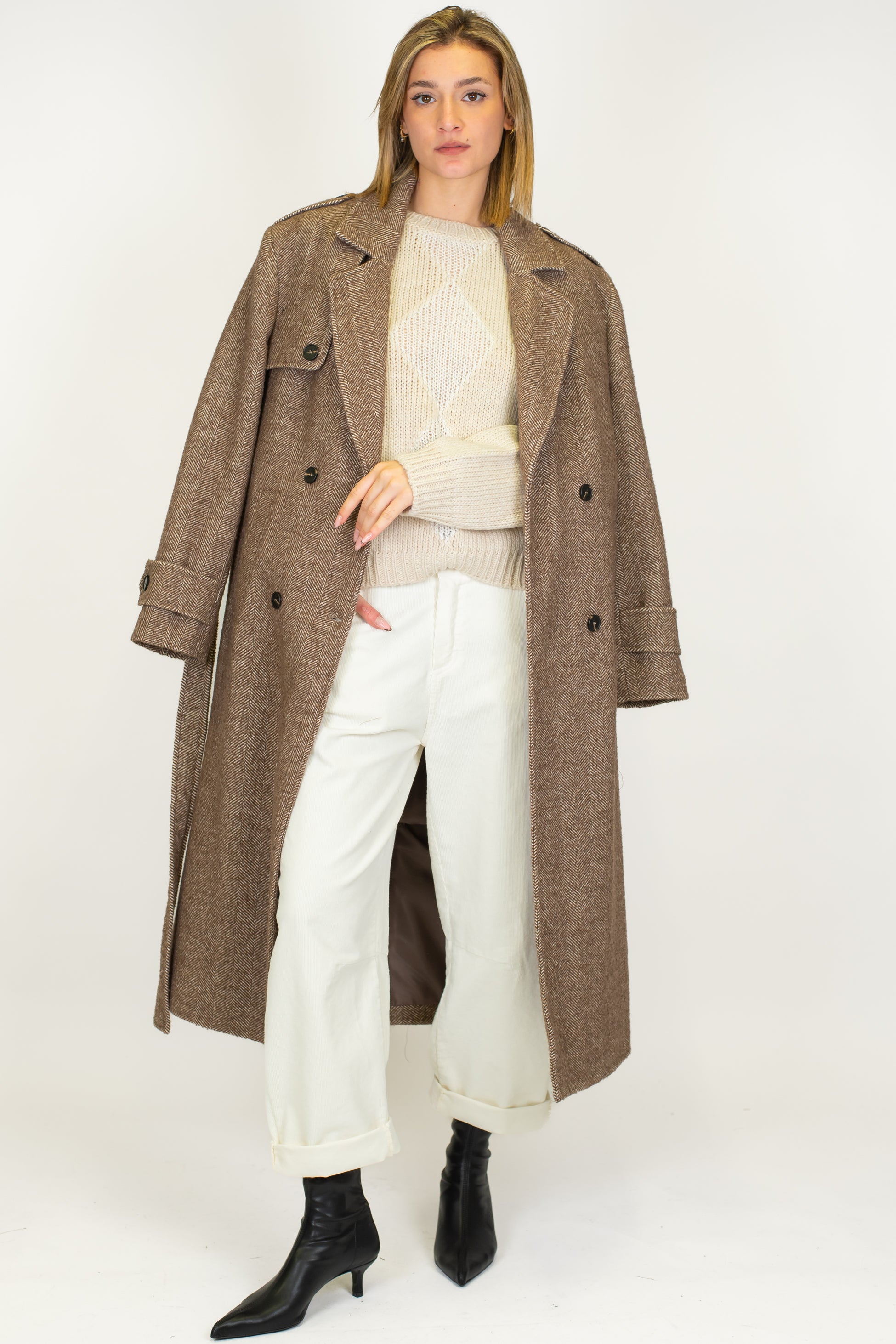 Tensione in - Cappotto lungo doppipetto fantasia spinata in misto lana con cintura in tessuto