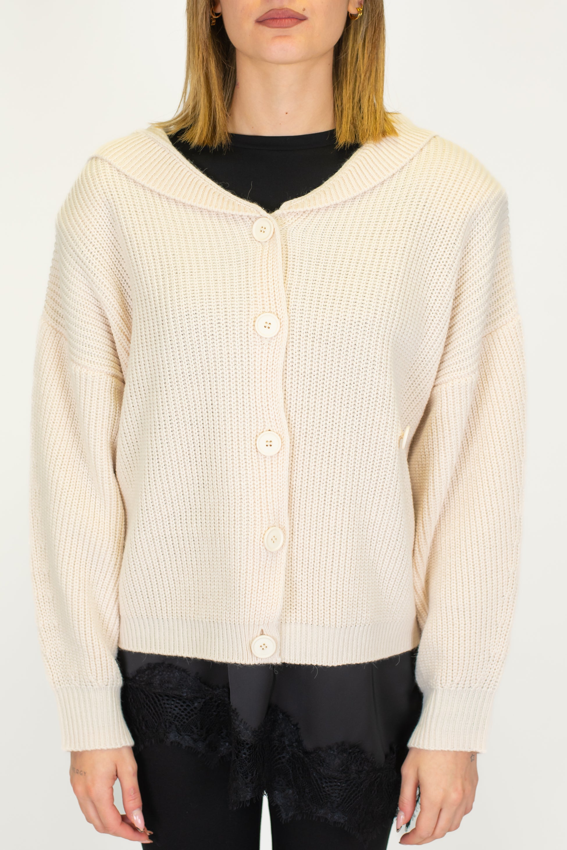 Haveone - Cardigan a costine in misto lana con spalline e cappuccio