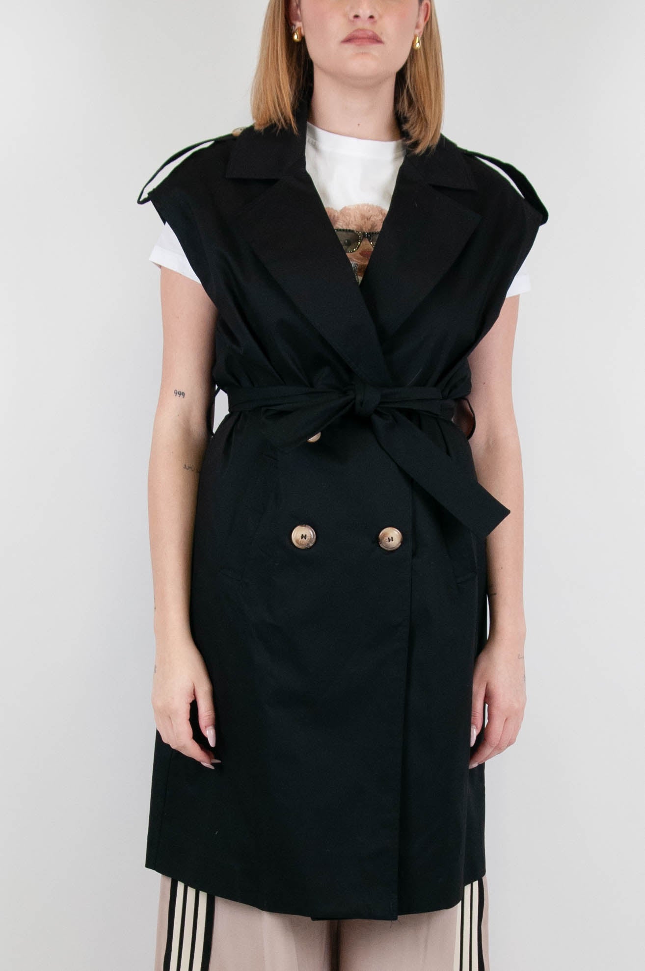Haveone - Double-breasted sleeveless trench coat with belt