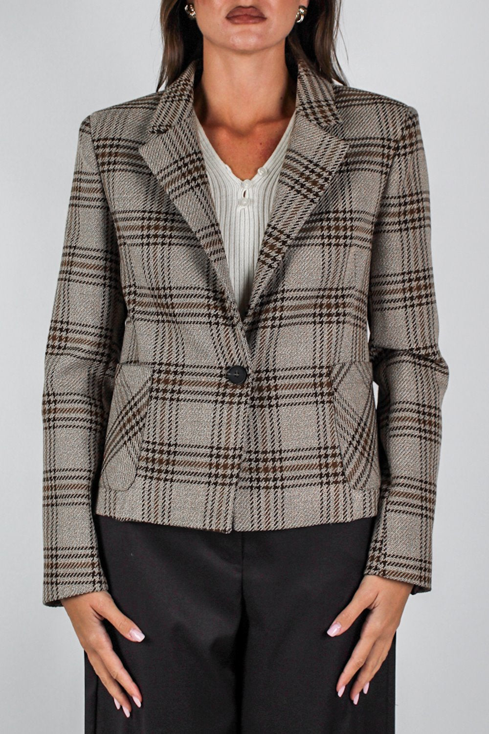 Haveone - Giacca crop fantasia princiep di galles con spalline