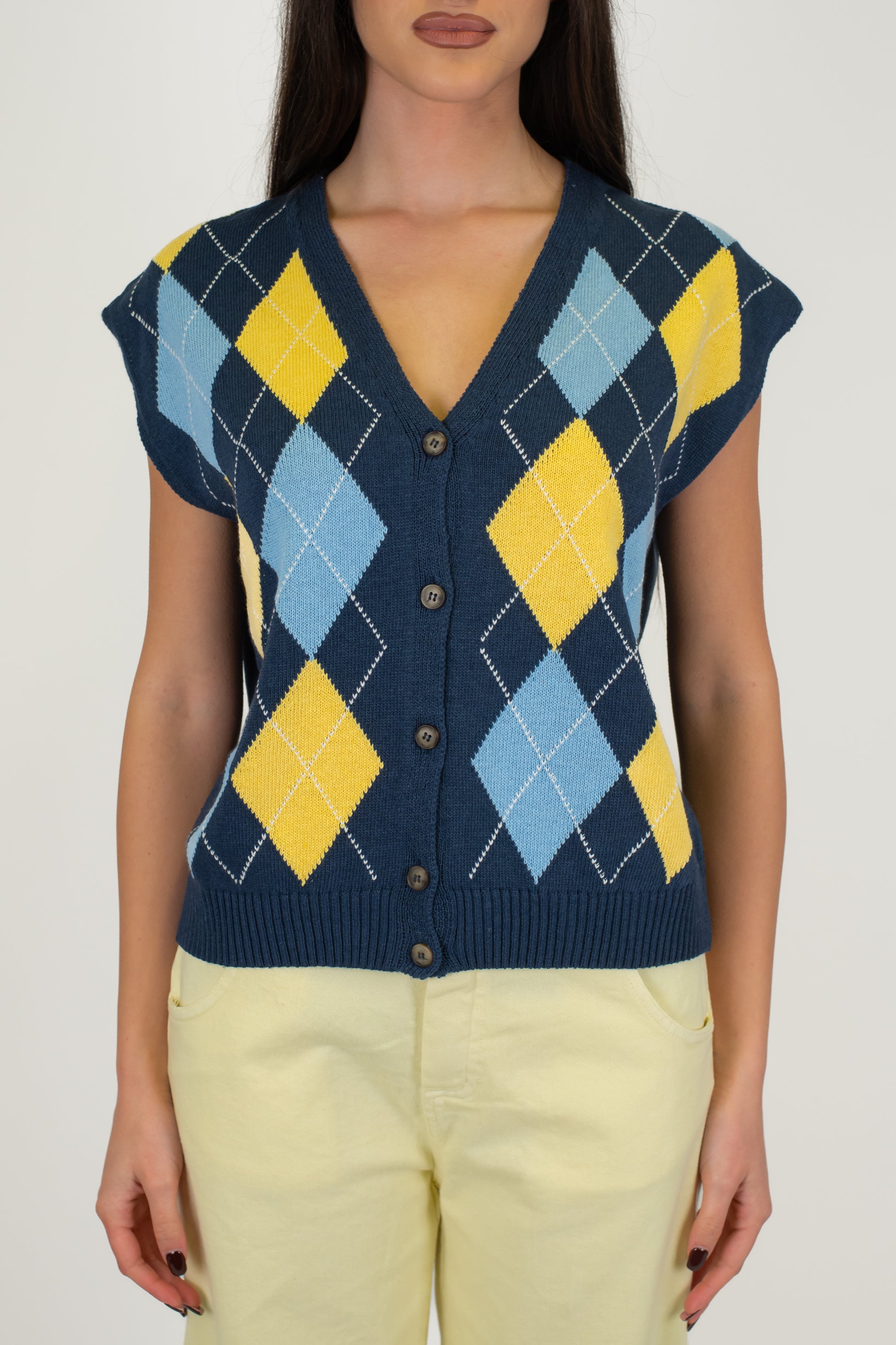 Tensione in - Gilet mezza manica in maglia fantasia rombi a contrasto