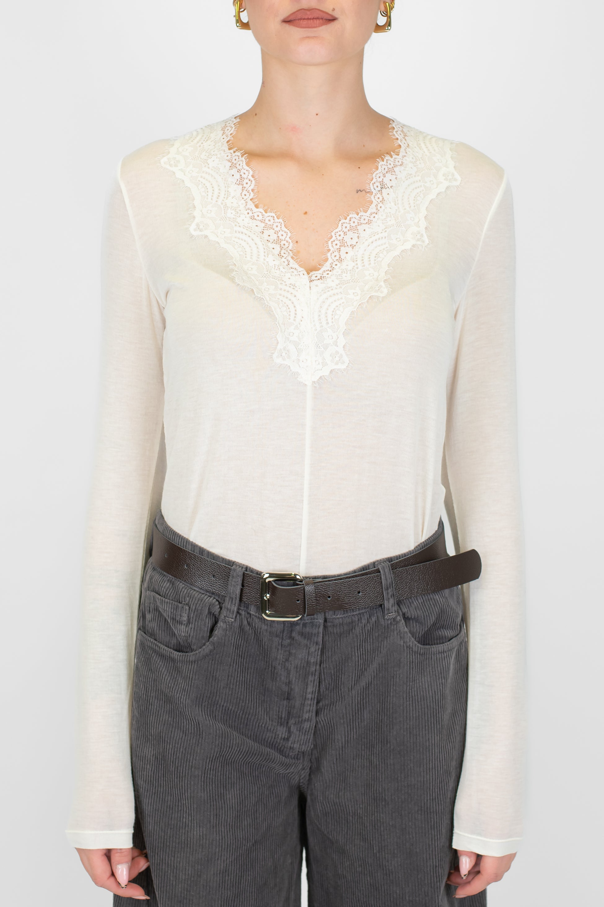 Haveone - Maglia basic in misto cashmere con scollo a V in pizzo