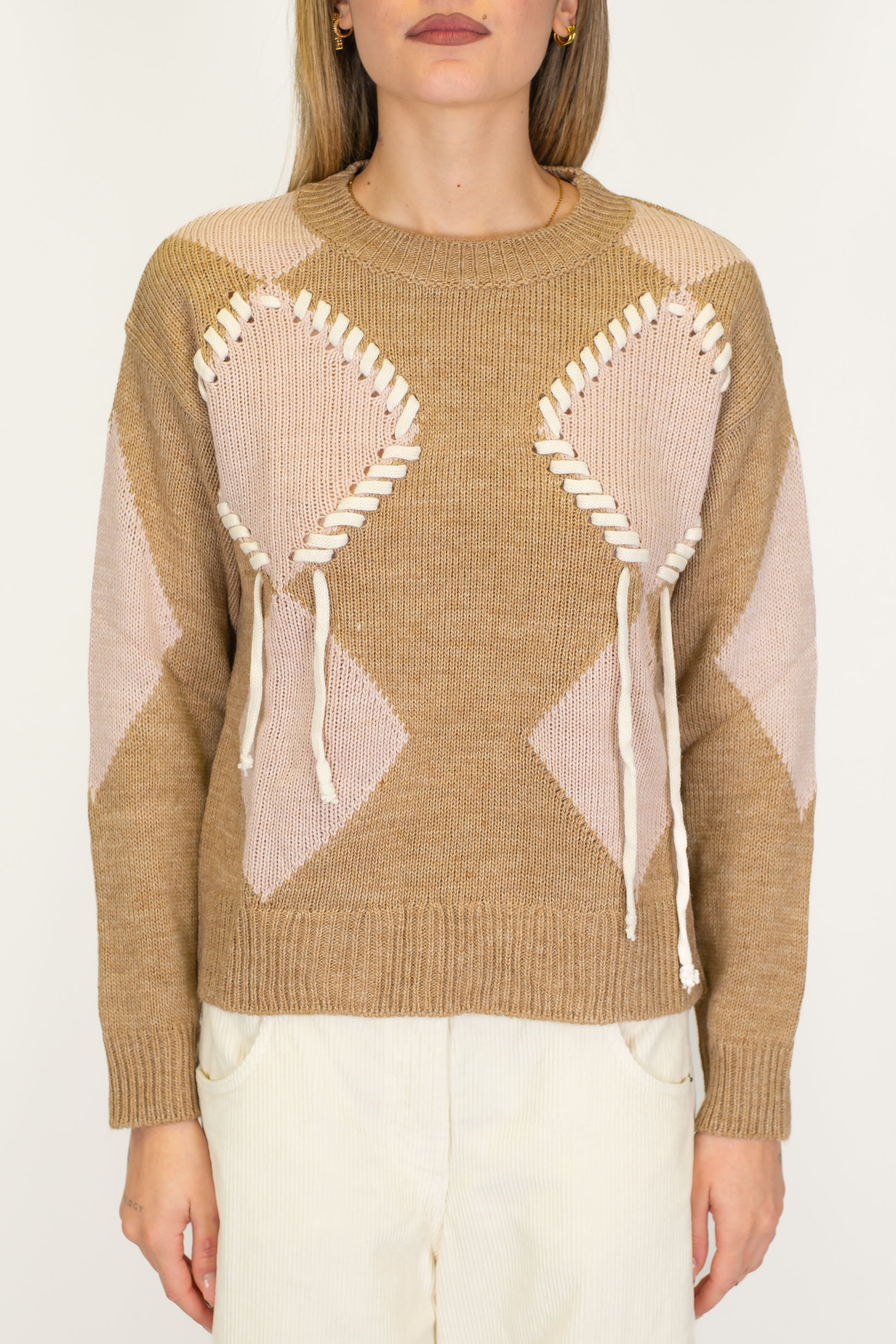 Motel - Maglia fantasia rombi con dettagli ricamati a contrasto in misto lana