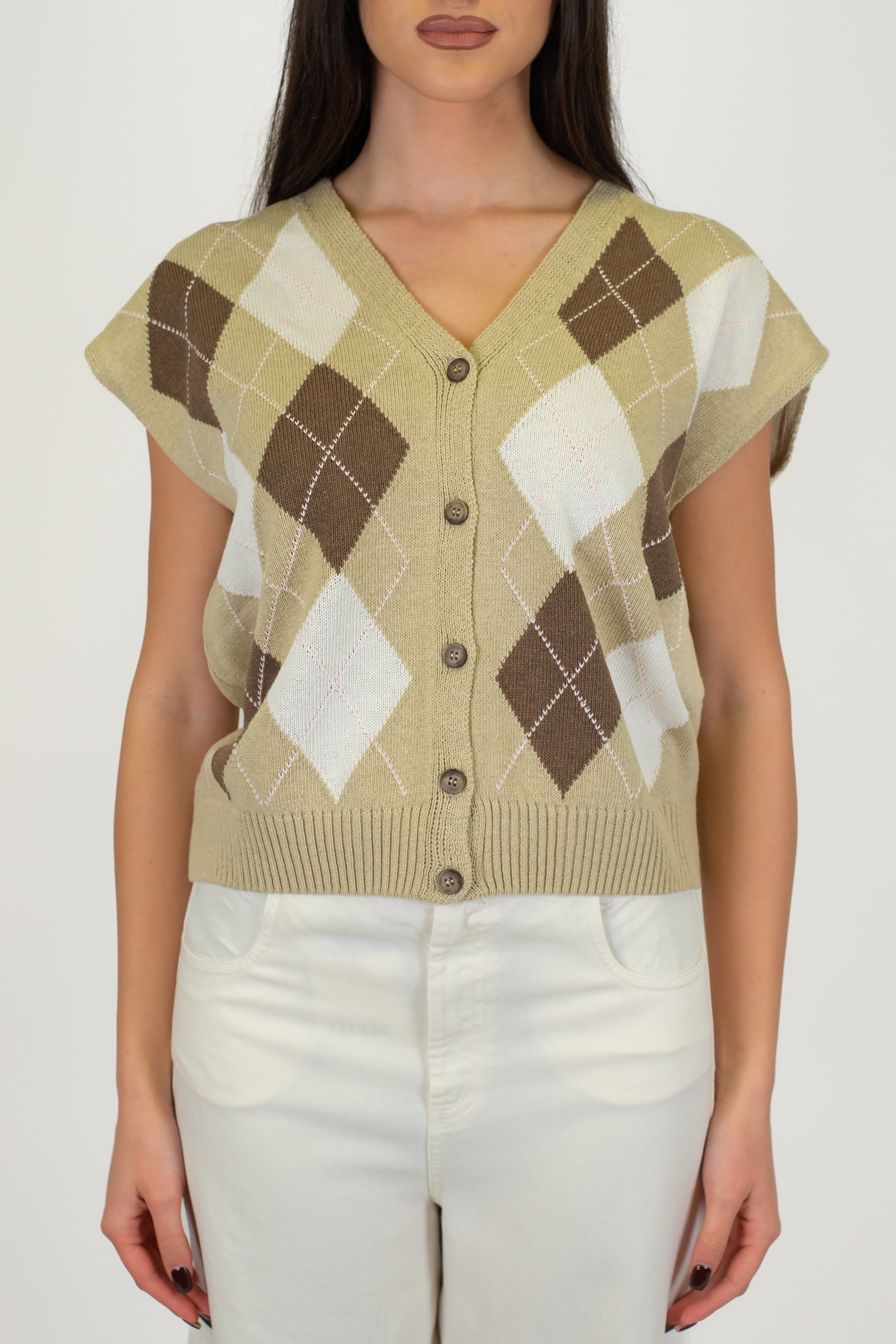 Tensione in - Gilet mezza manica in maglia fantasia rombi a contrasto