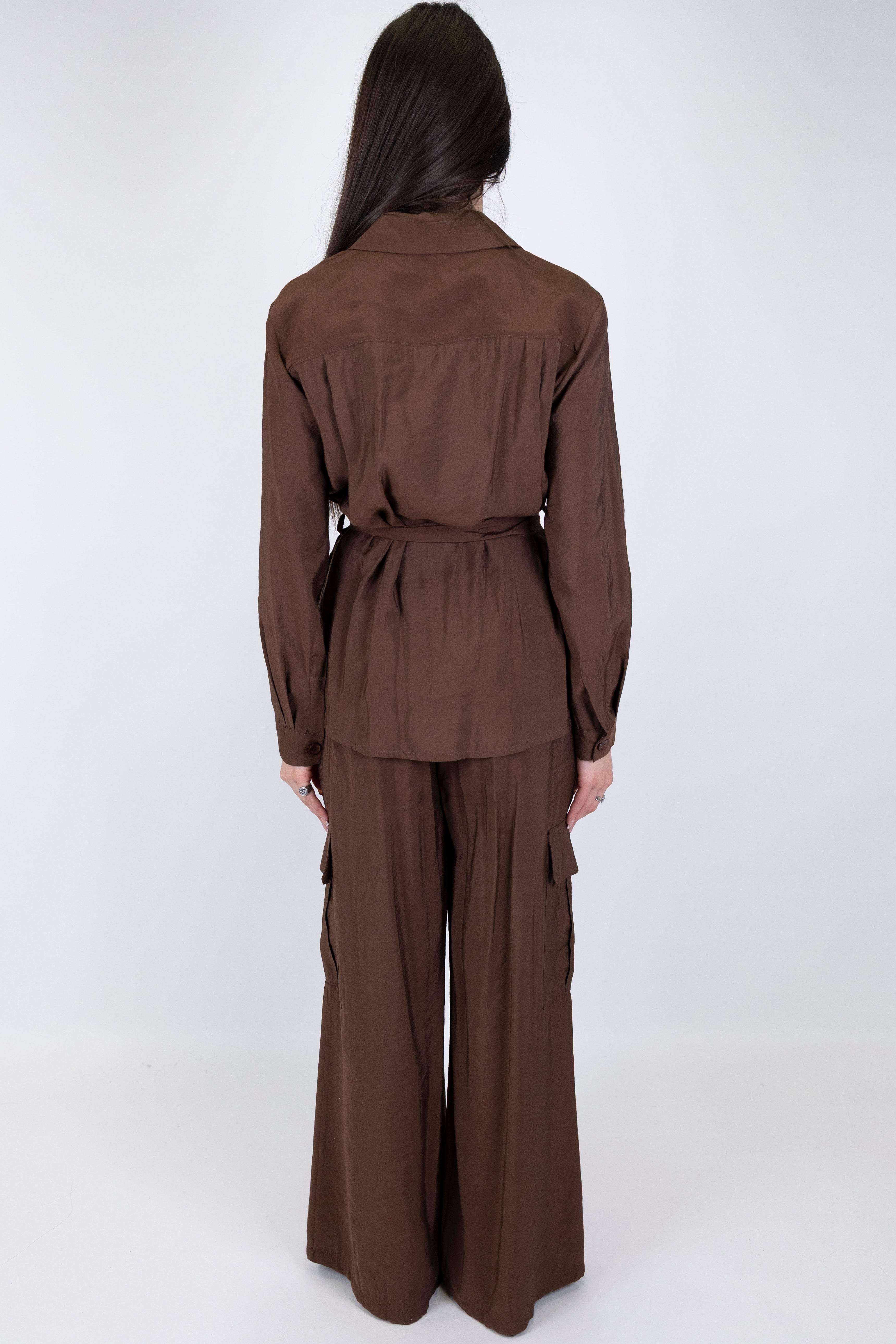 Motel - Coordinato in modal camicia con taschini e pantalone cargo palazzo con elastico in vita