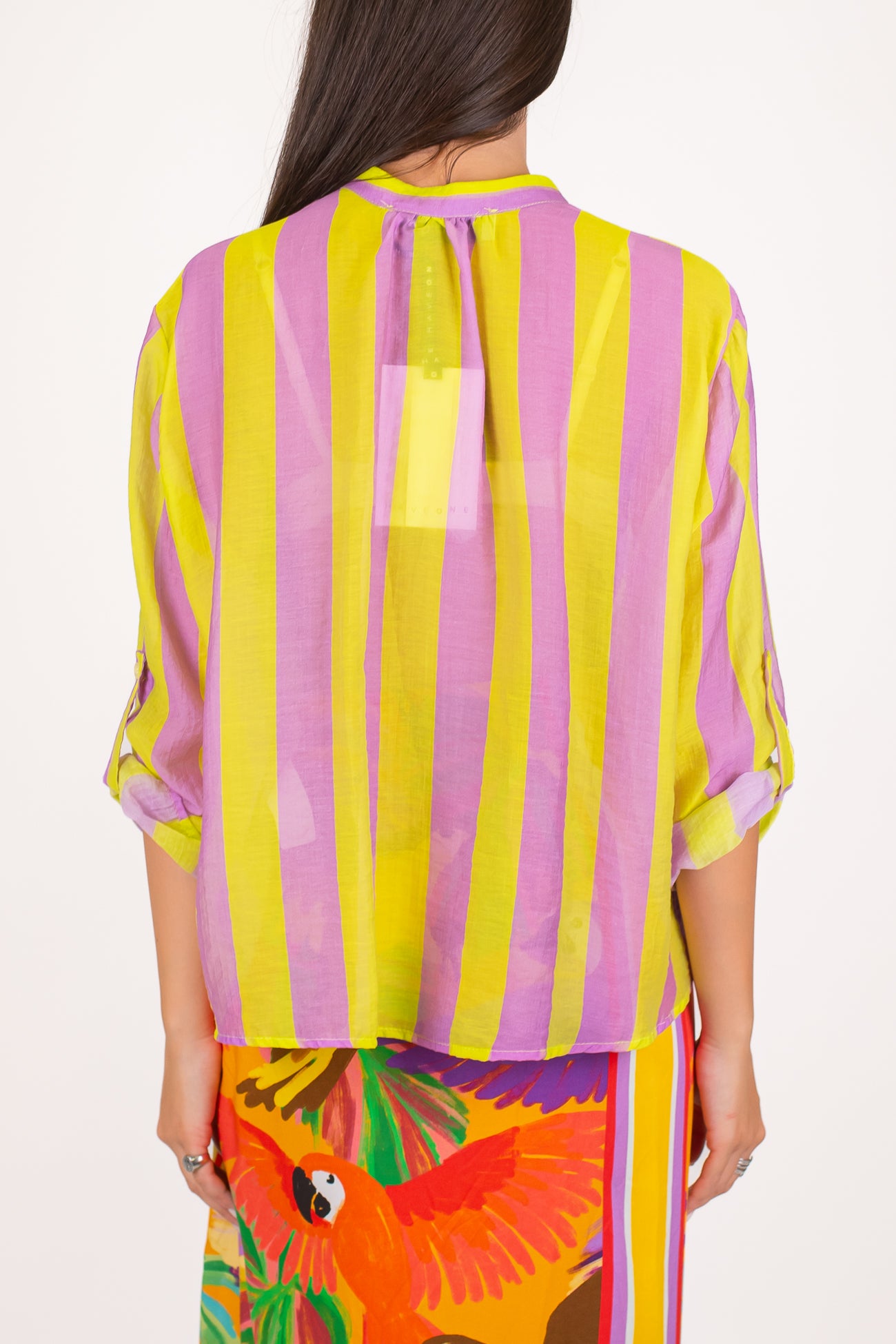 Haveone - Camicia fantasia a righe a contrasto in lyocell con manica tre quarti