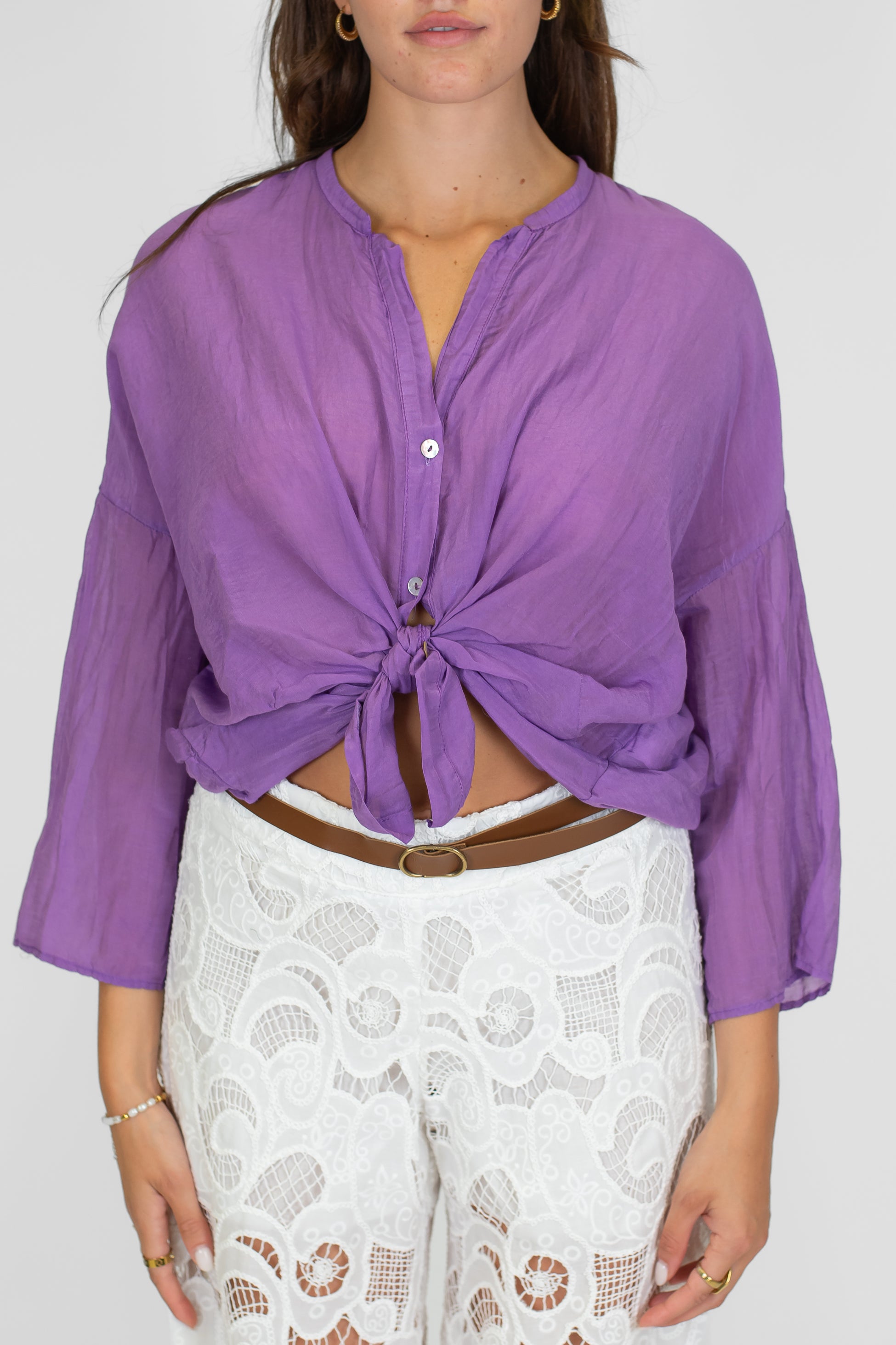 Tensione in - Camicia tinta unita in misto seta con collo coreano