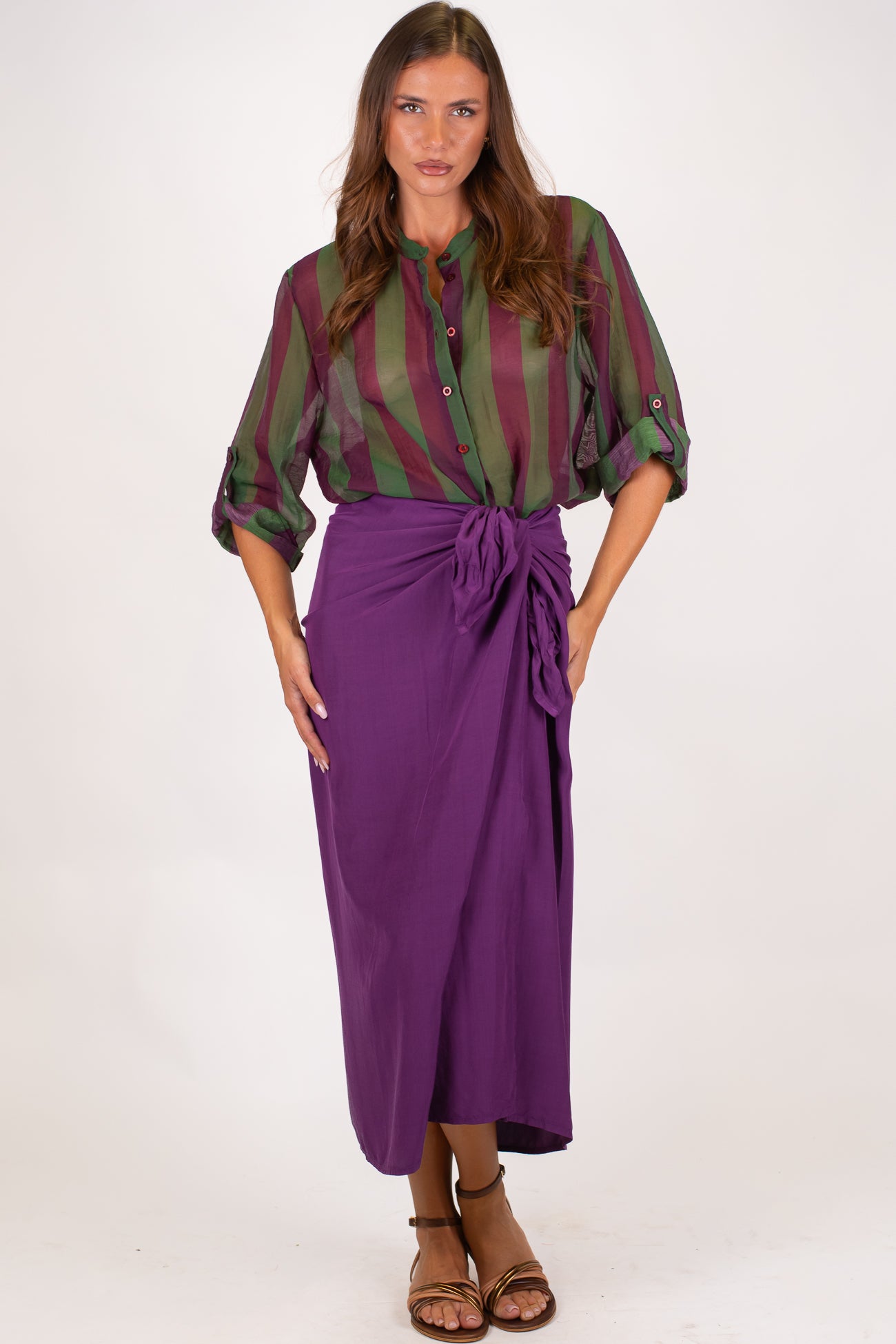 Haveone - Camicia fantasia a righe a contrasto in lyocell con manica tre quarti