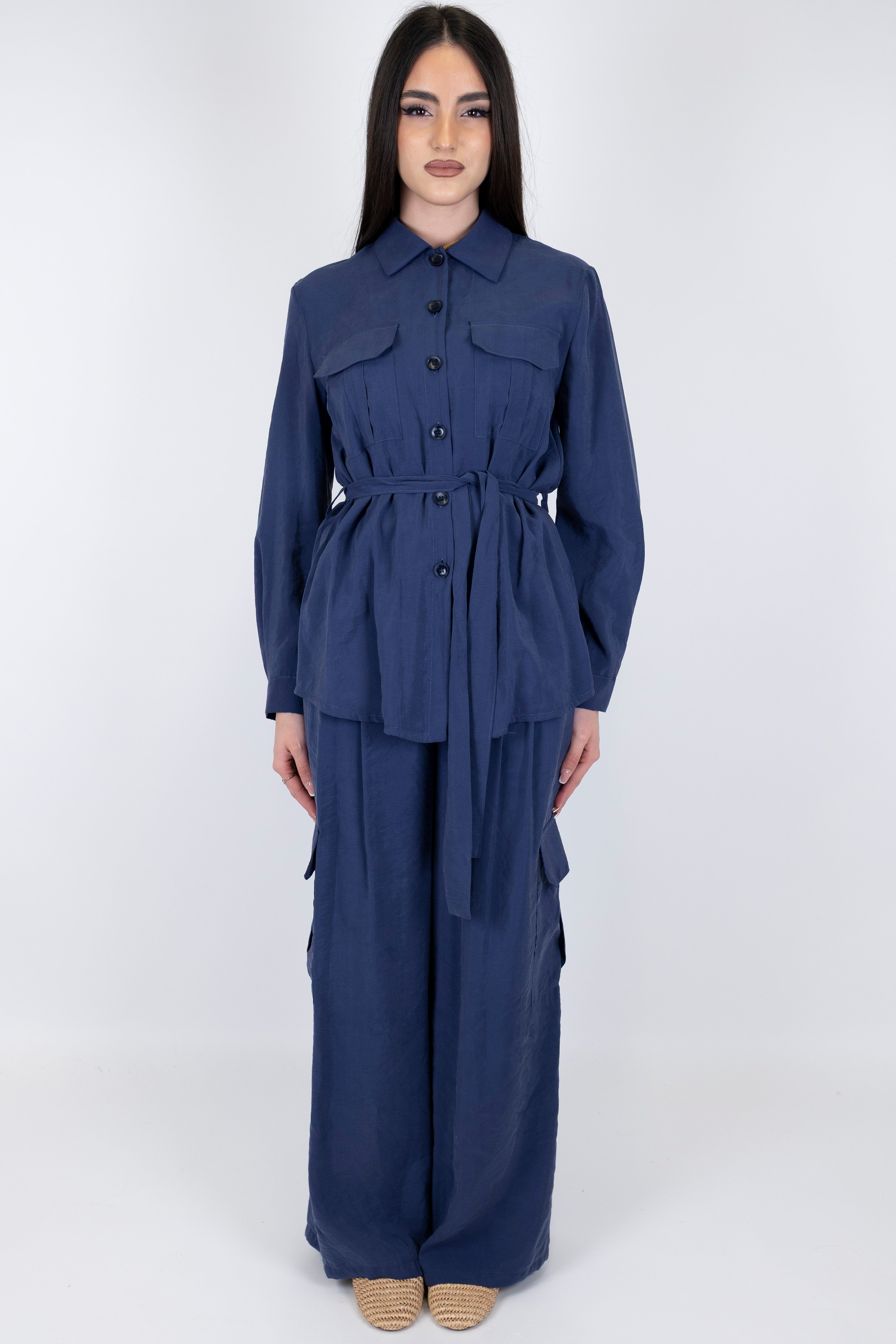 Motel - Coordinato in modal camicia con taschini e pantalone cargo palazzo con elastico in vita