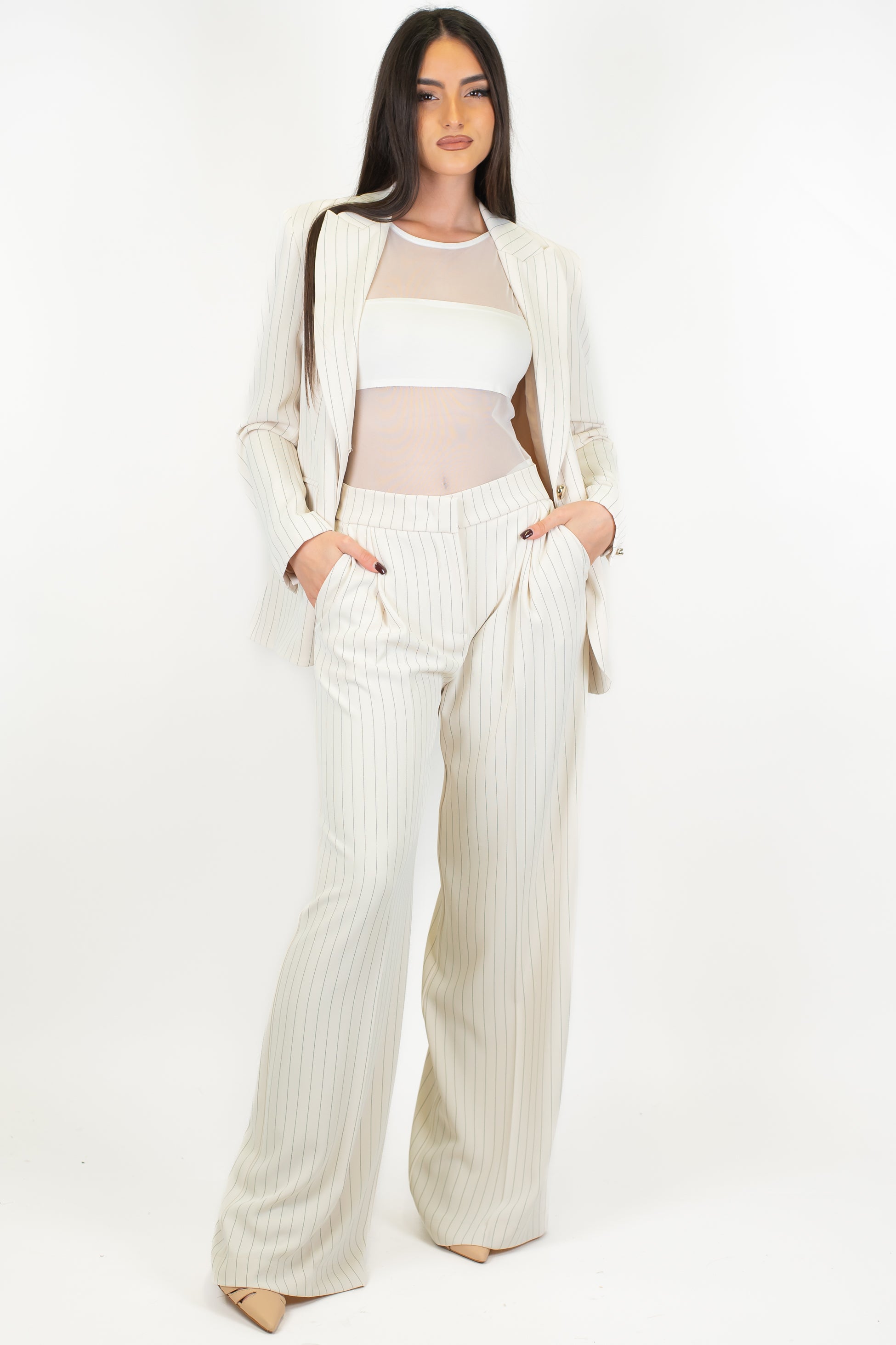 Maryley - Pantalone palazzo gessato con pinces ed elastico sul retro