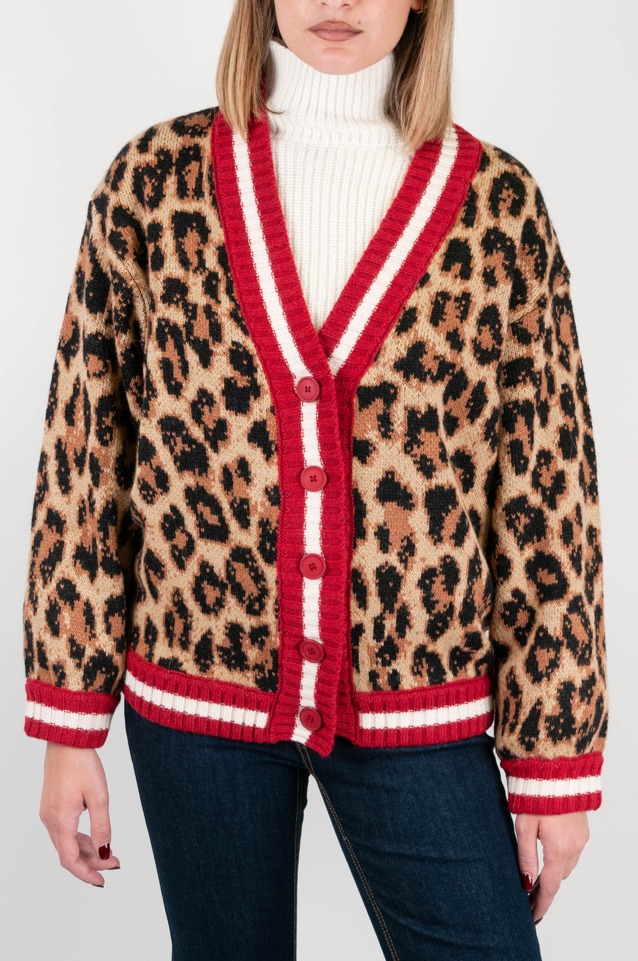 Tensione in - Cardigan fantasia animalier in misto lana con profili a contrasto