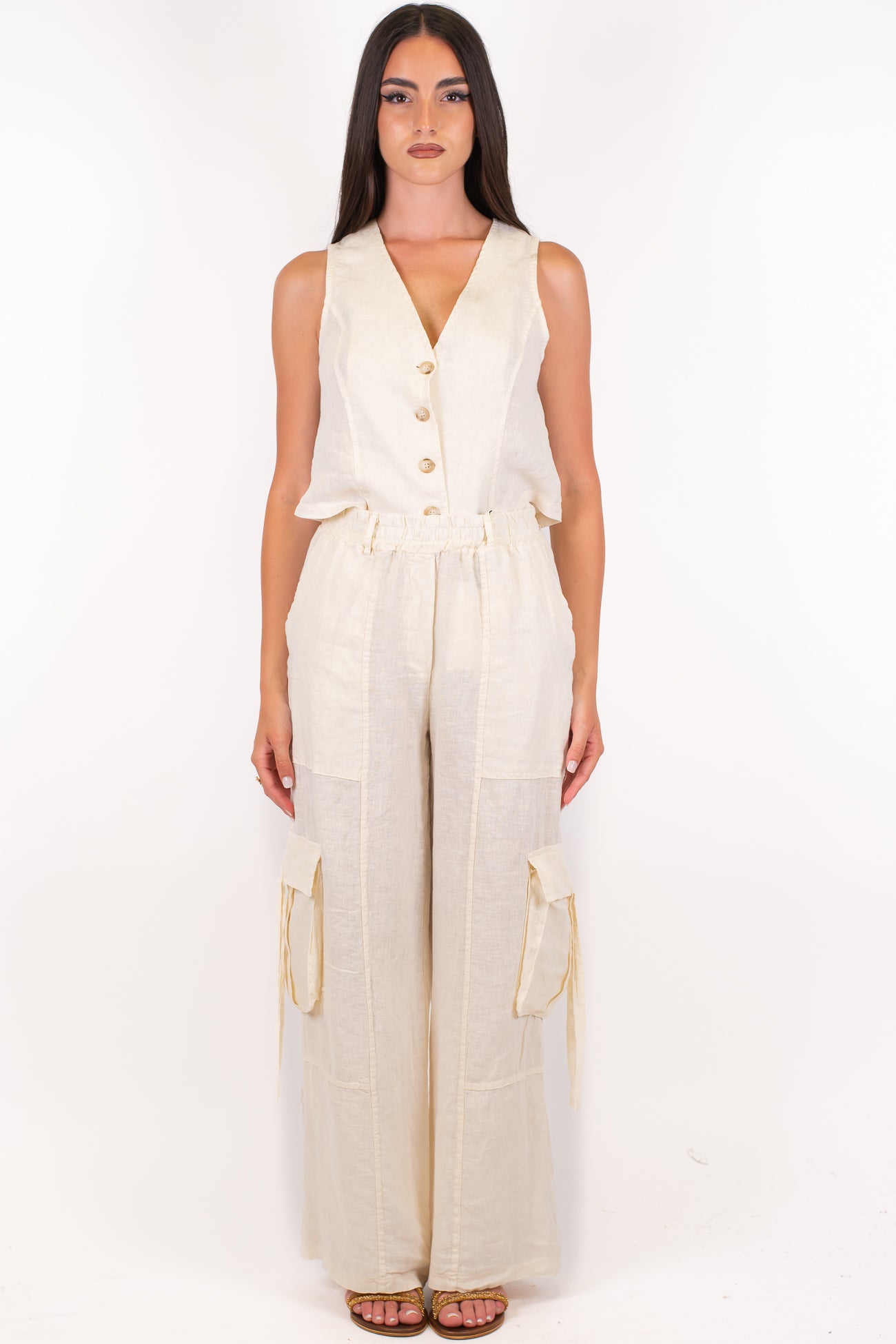 Haveone - Coordinato in puro lino con gilet e pantalone cargo palazzo con elastico in vita
