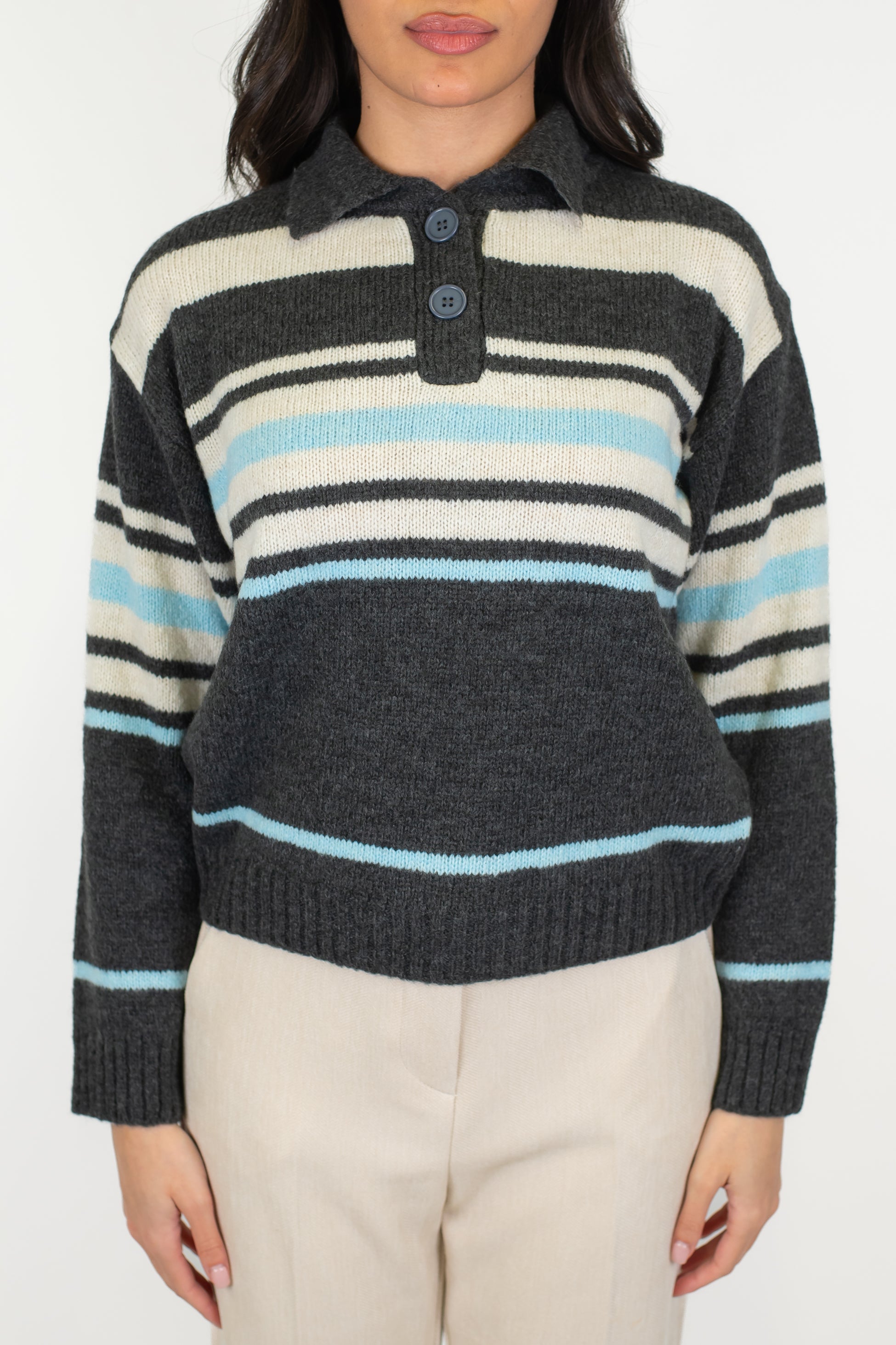 Tensione in - Polo in maglia fantasia rigata a contrasto in misto lana