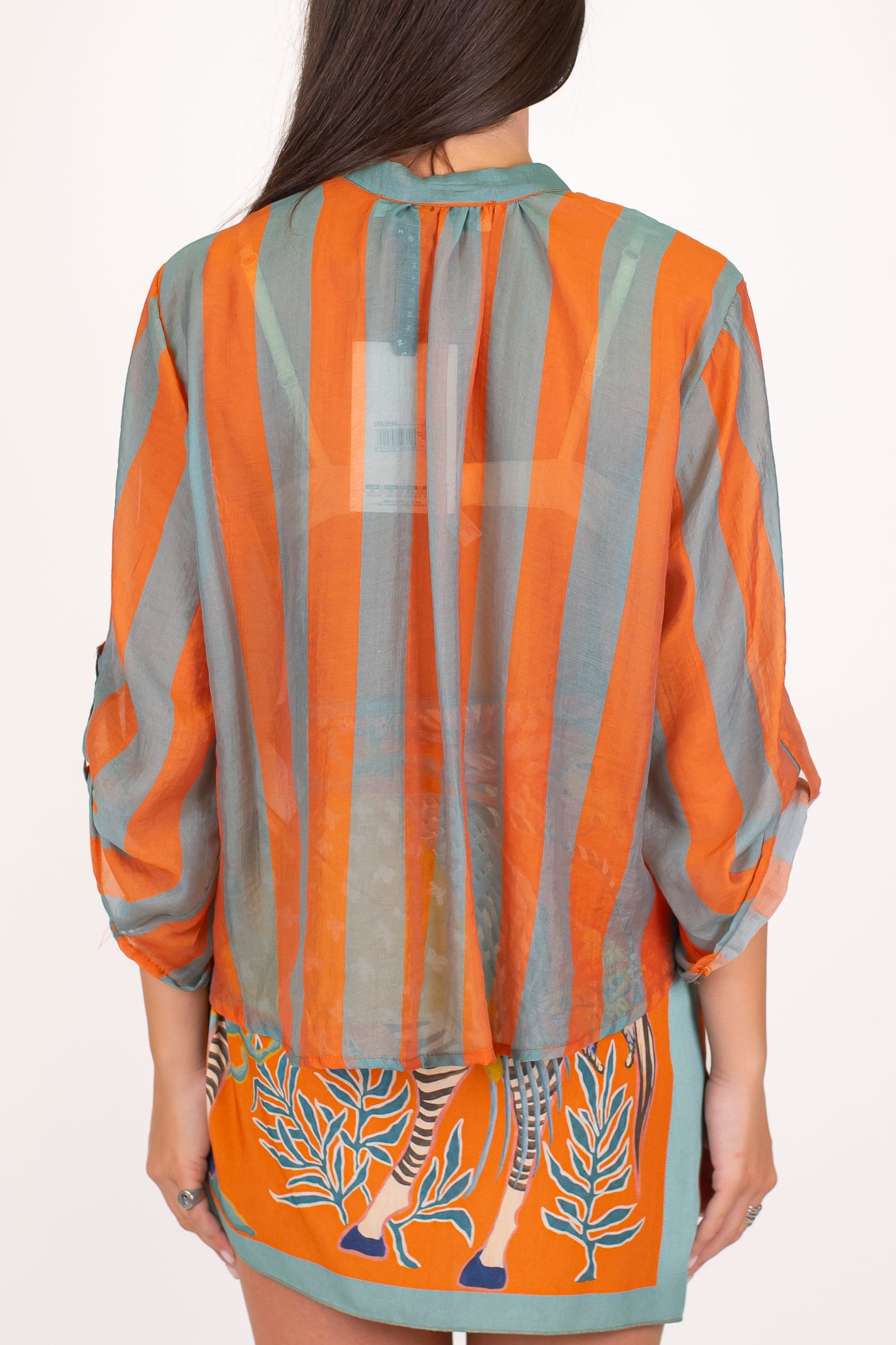 Haveone - Camicia fantasia a righe a contrasto in lyocell con manica tre quarti