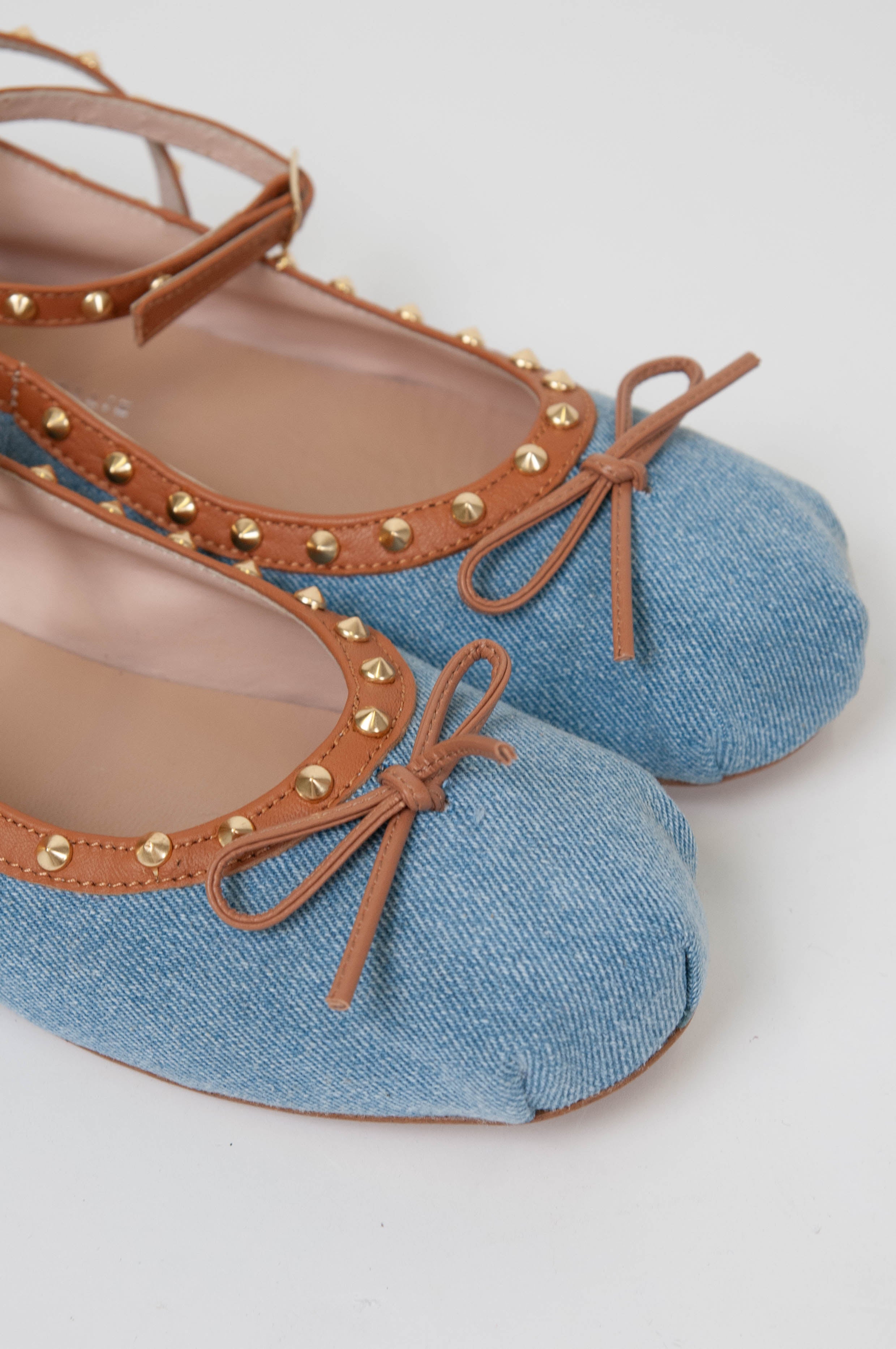 Divine Follie - Denim ballerina with leather profile with studs and strap