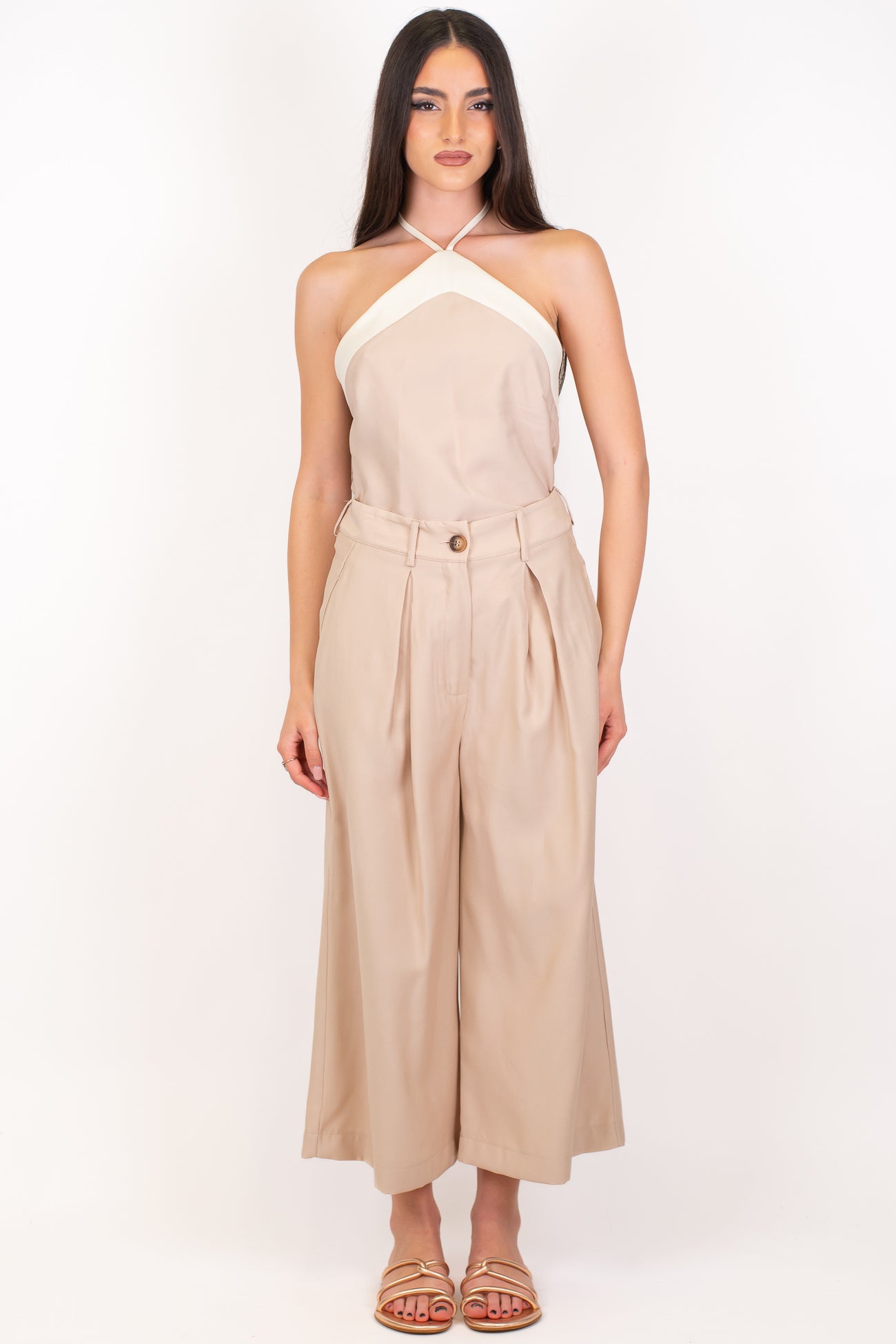 Haveone - Coordinato in viscosa con top scollo americano profilo a contrasto e pantalone crop con pinces