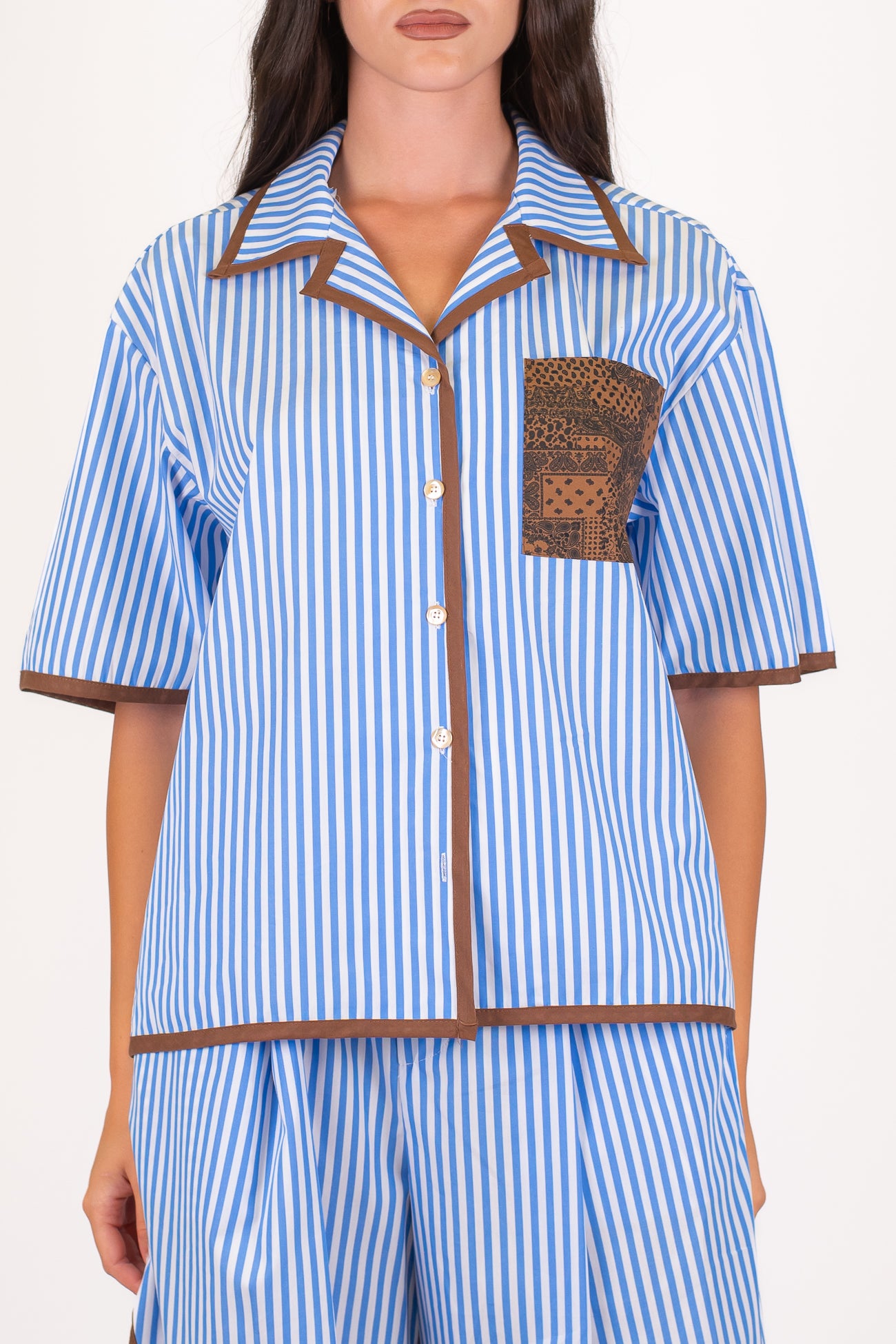 Motel - Camicia mezzamanica a righe con profilo e taschino a contrasto